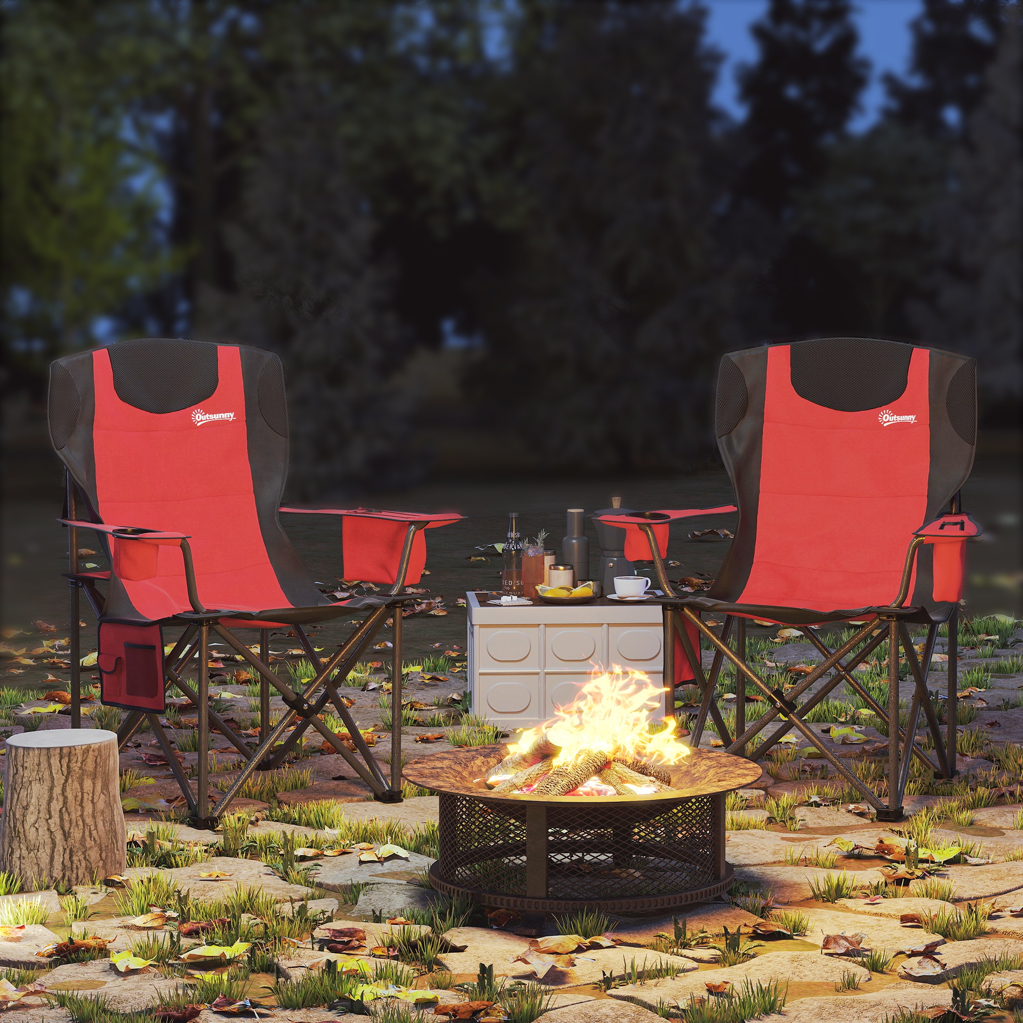 Set  de 2 Scaune de Camping Pliabile cu Cooler, Suport de Pahare si 2 Buzunare, 94x62x100 cm, Rosu [1]