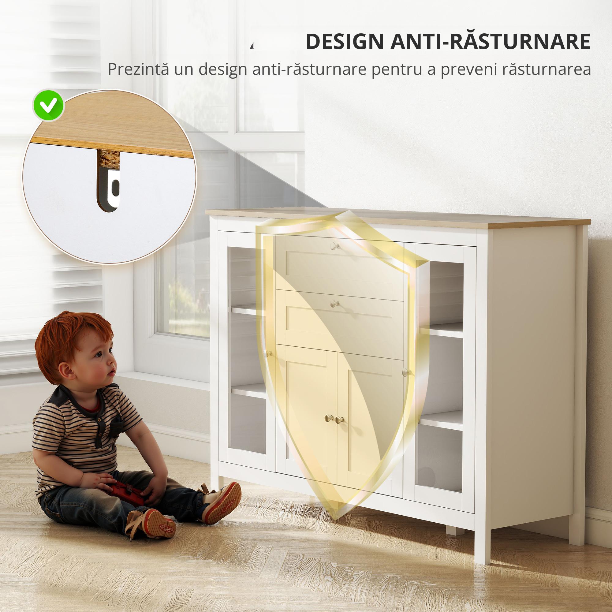  Comoda de Bucatarie cu Sertare, Dulapuri si Usi din Sticla Alb si Stejar [6]