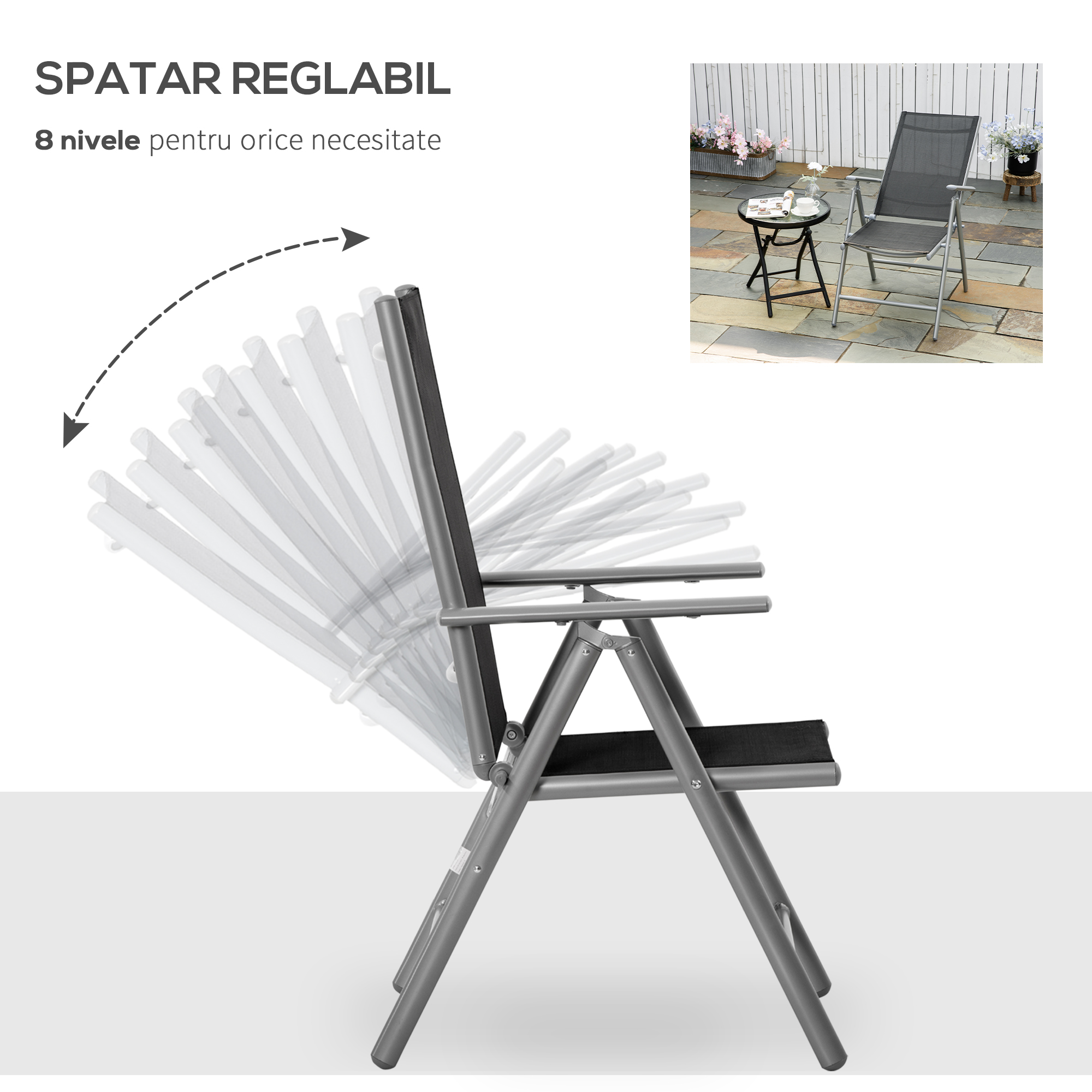  Scaun de Gradina Pliabil cu Spatar Reglabil din Aluminiu, Negru 65x55x107cm [6]