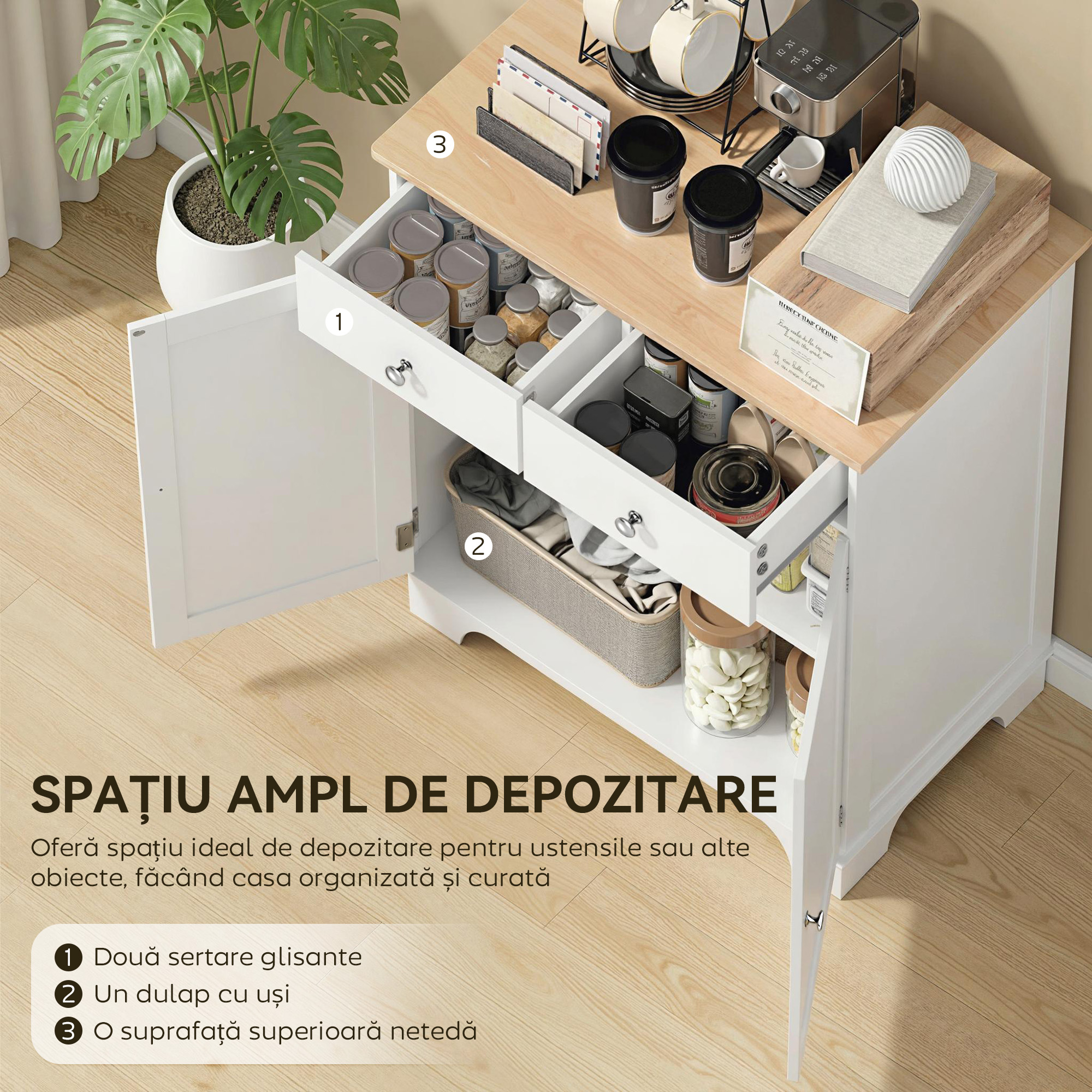  Bufet de Bucatarie cu Dulap 2 Usi si 2 Sertare, Alb si Lemn [3]