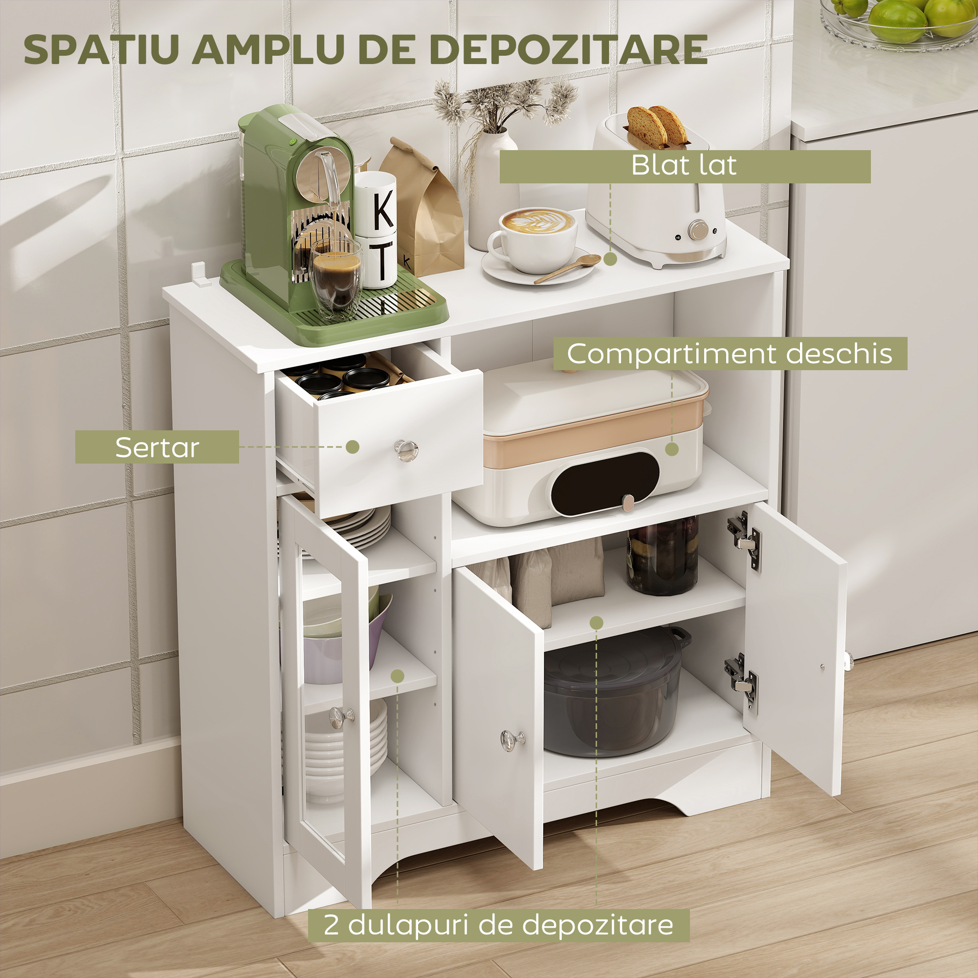  Bufet cu Compartiment Deschis, Sertar, 3 Rafturi si Dulap cu 2 Usi, din Lemn, 80x30x82 cm, Alb [3]