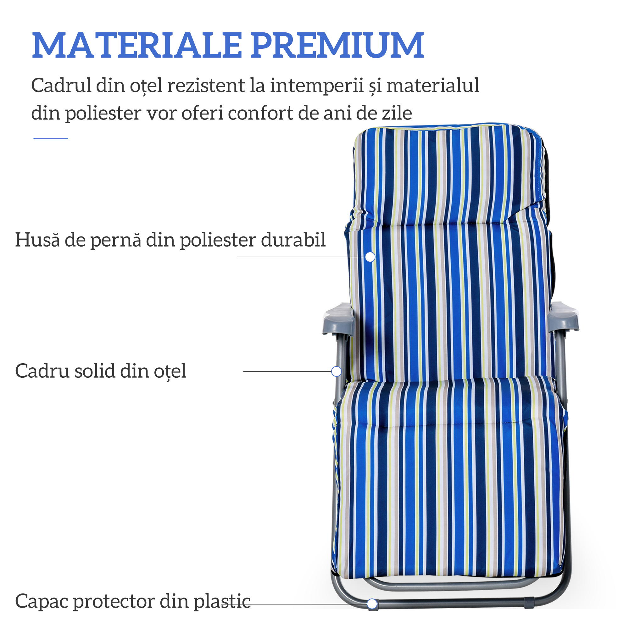  Set de 2 sezlonguri de Gradina Pliabile, sezlonguri cu Spatar Reglabil pe 5 Nivele, Perne, Cotiere, din Otel si Poliester, pentru Exterior, Terasa, Albastru si Crem [6]