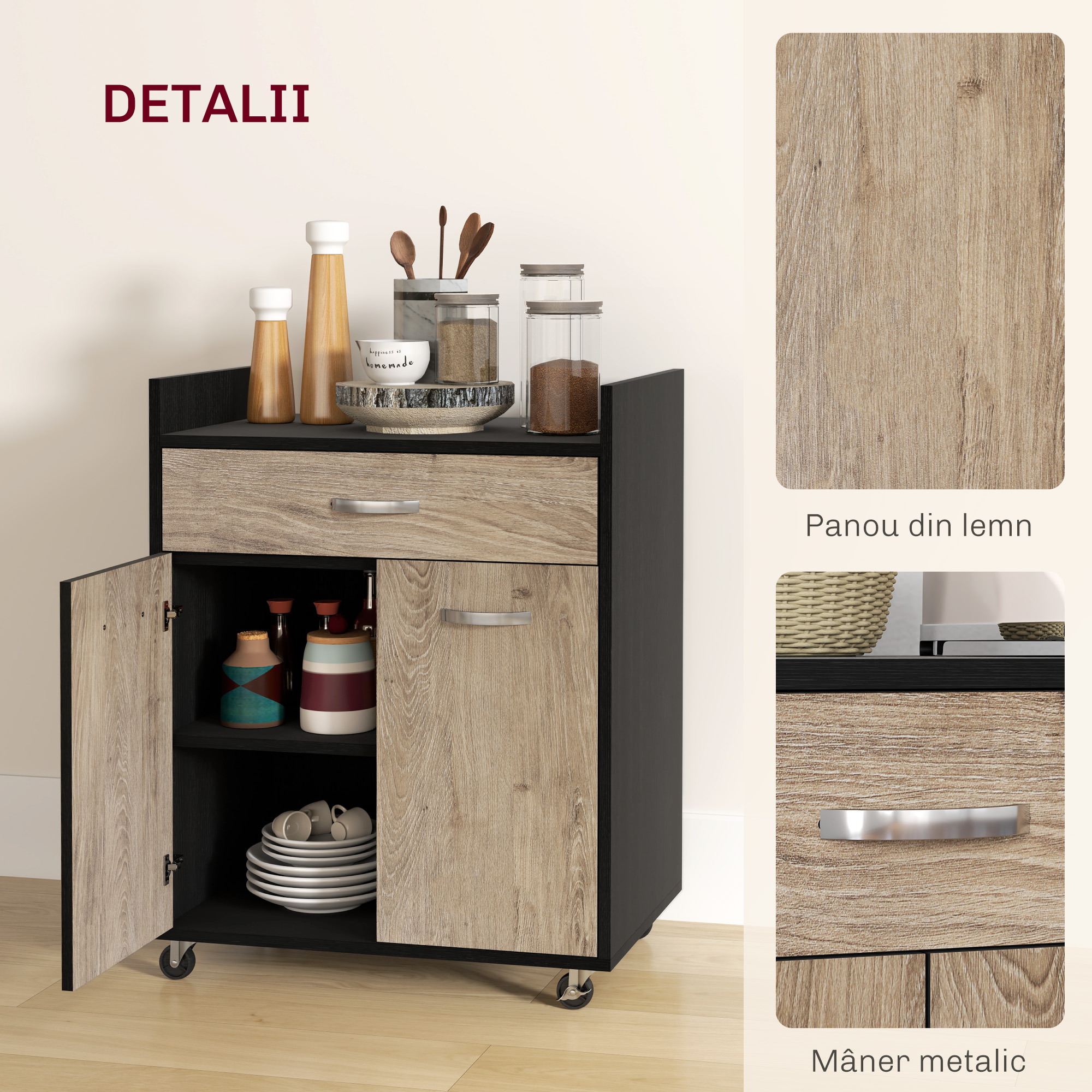  Dulap de Bucatarie cu Sertar, Dulap si 4 Roti din Lemn, 60x40x77 cm, Negru [6]