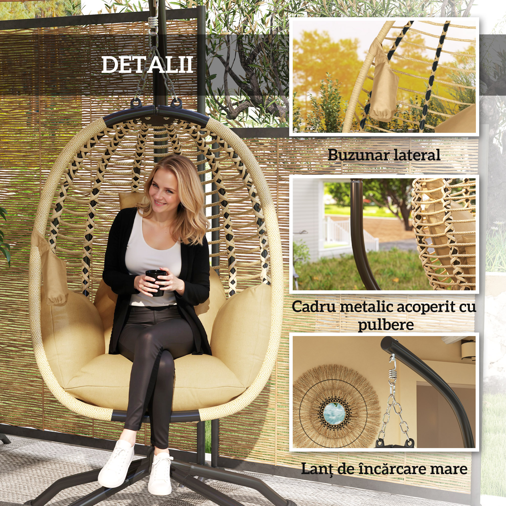  Leagan pentru Exterior cu Perna Capitonata, Scaun Suspendat pentru Terasa cu Suport Metalic, Cos Pliabil, 110x100x188 cm, Gri [6]