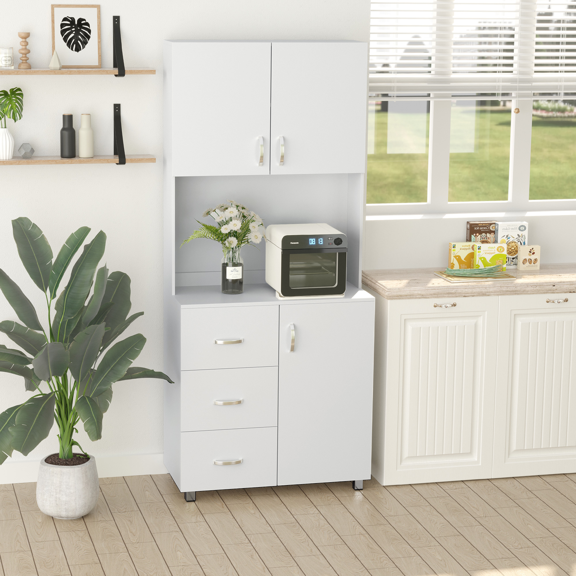  Bufet Lemn Alb - 2 Dulapuri, 3 Sertare & Raft Deschis [1]