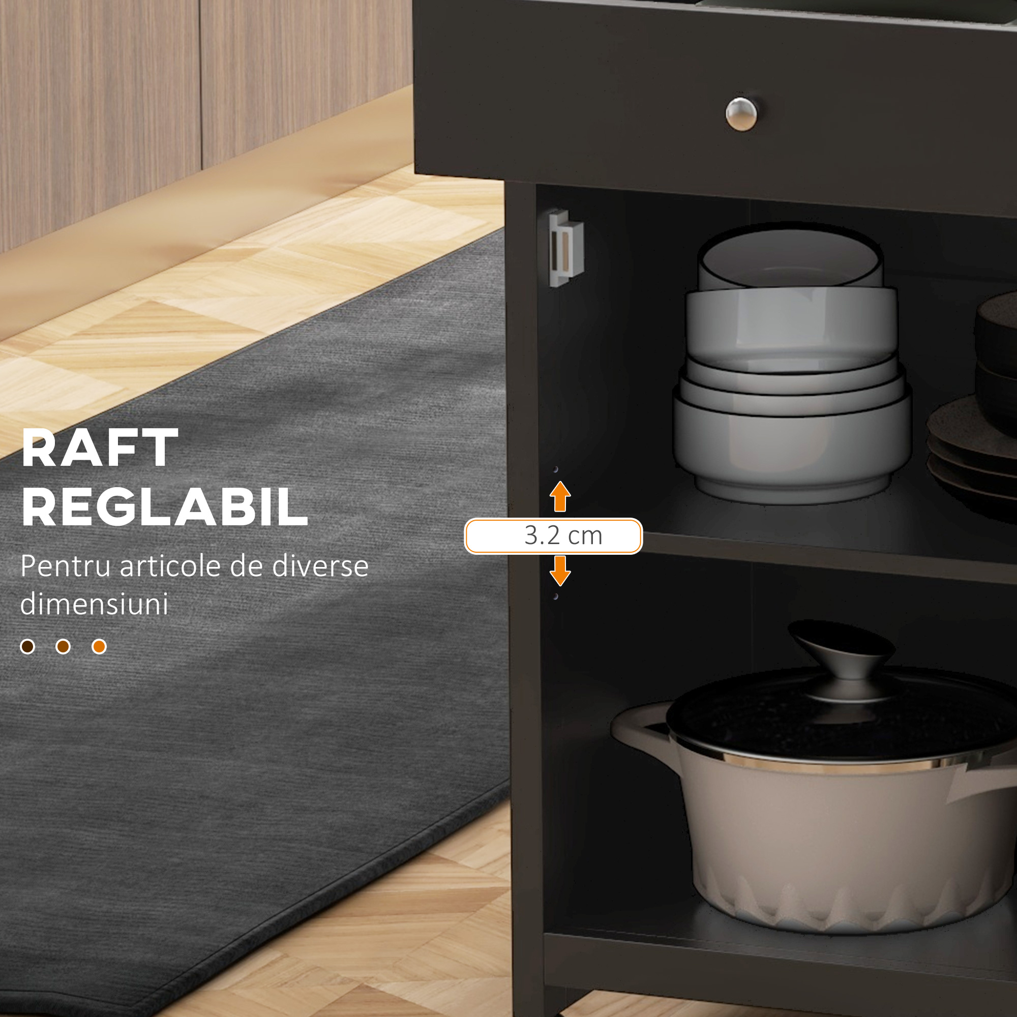  Carut de Bucatarie cu Sertar, Dulap Reglabil si Suport pentru Prosoape, din Lemn, 67x48x86,5 cm, Negru si Stejar [5]