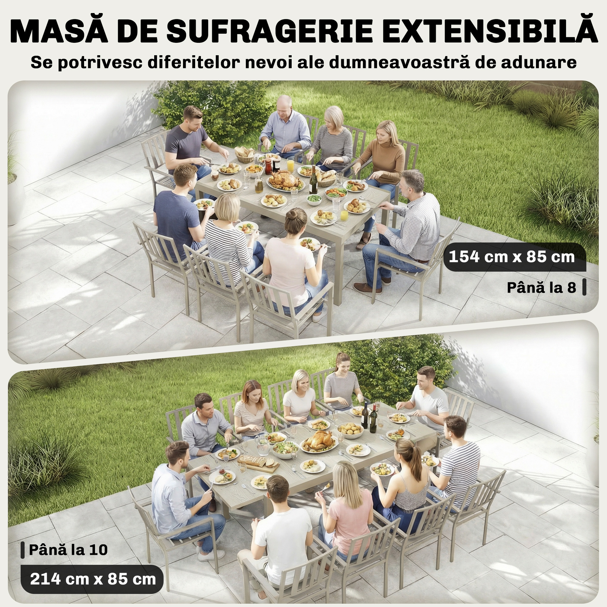  Masa de Gradina Extensibila pentru 8-10 Persoane, din Aluminiu si Otel, 154/214x85x75 cm, Gri Deschis [3]
