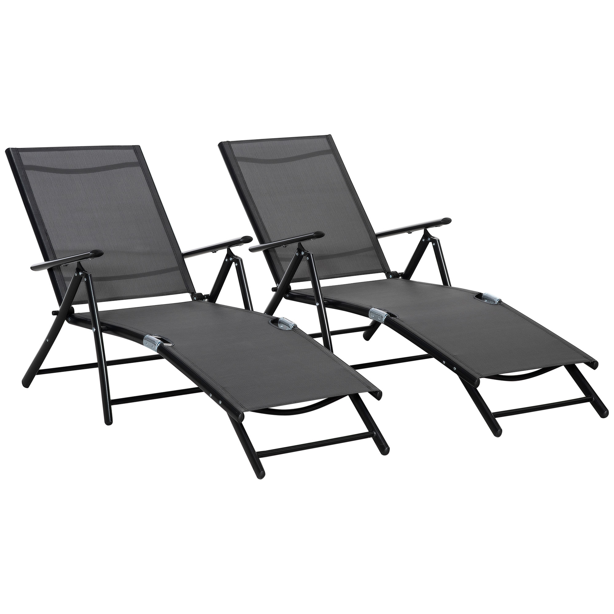 Gradina & balcon -  Set 2 Sezloguri de Gradina Pliabile cu Spatar Reglabil in 7 Pozitii, din Aluminiu si Plasa Respirabila, 64x134x95cm, Negru