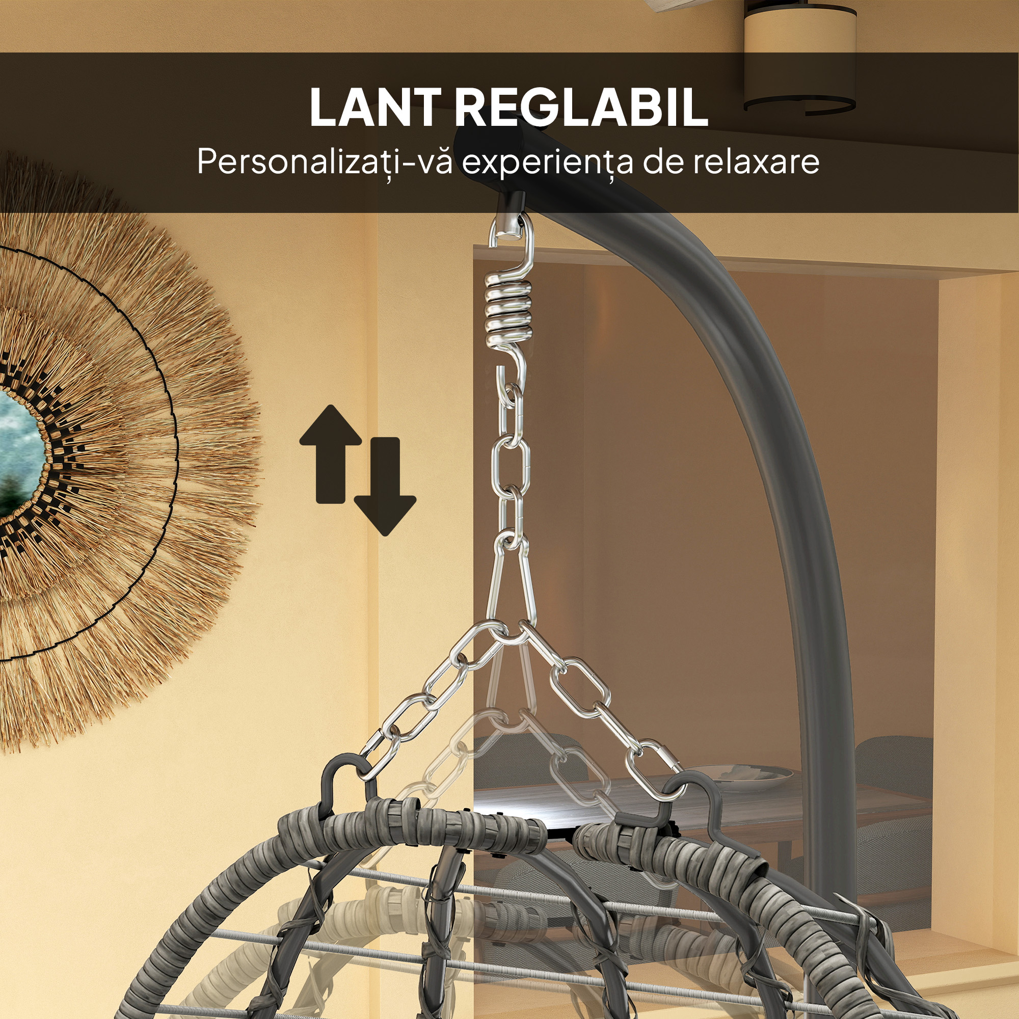  Scaun suspendat tip ou din ratan cu perna si tetiera, inaltime reglabila si sezut pliabil, gri [6]