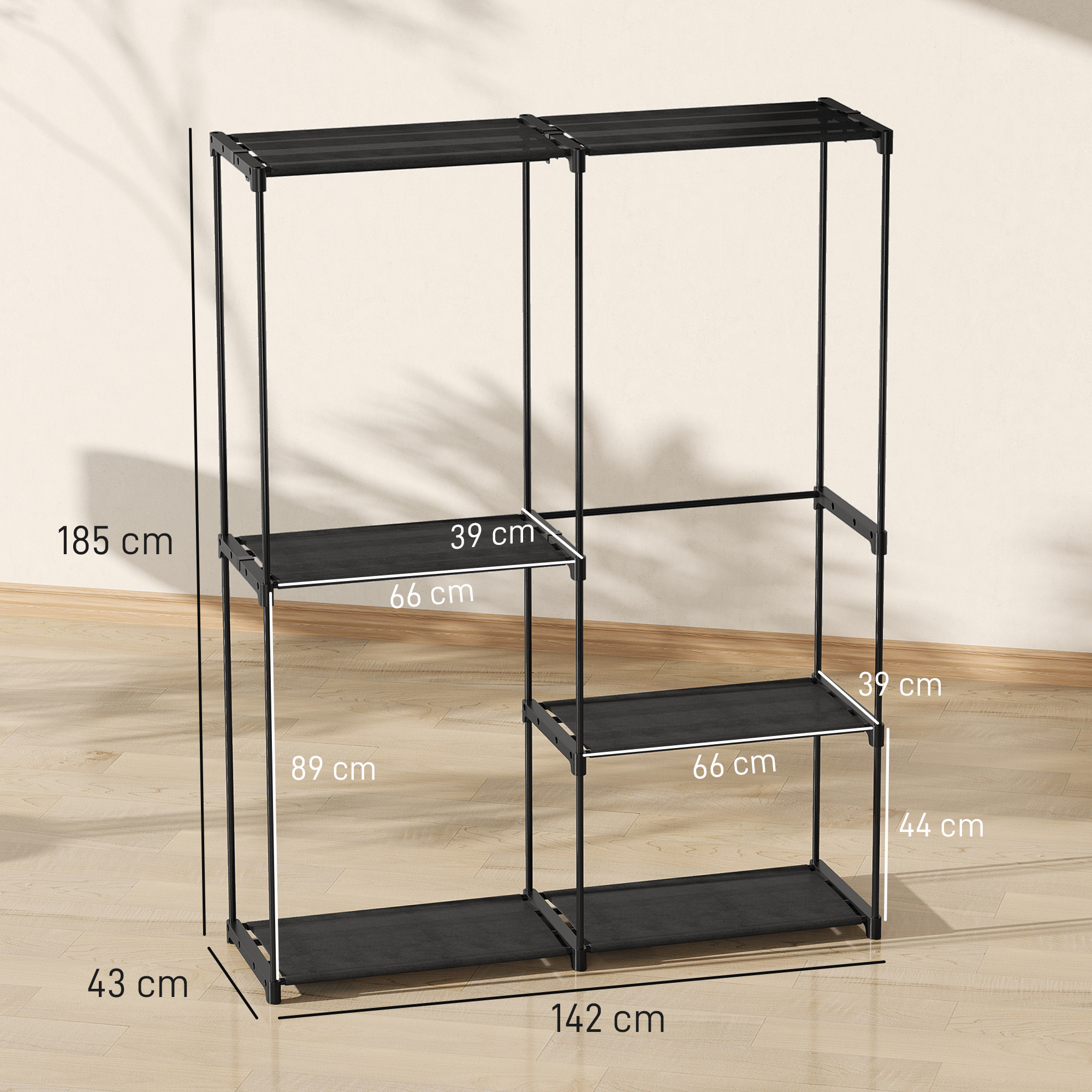  Dulap de Haine cu 2 Bare si 4 Rafturi, din Material Non-tesut, Plastic si Otel, 142x43x185 cm, Negru [2]