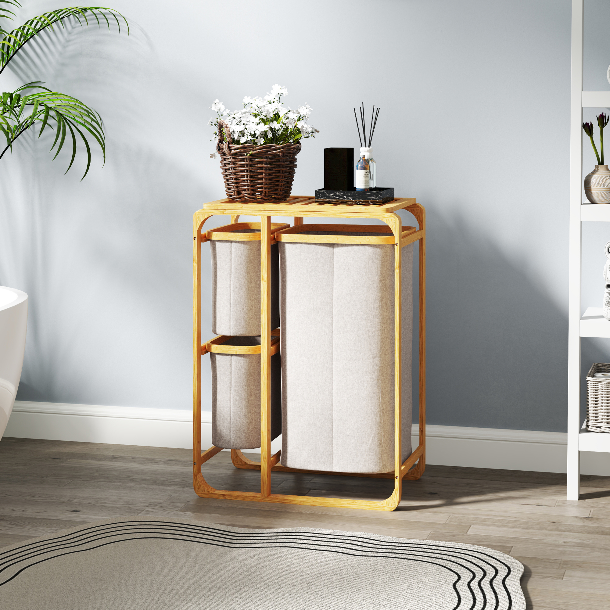  Cos pentru Rufe cu 3 Saci si Rafturi Detasabile din Material Textil din Bambus, 50x32x69,7 cm, Alb Crem [1]