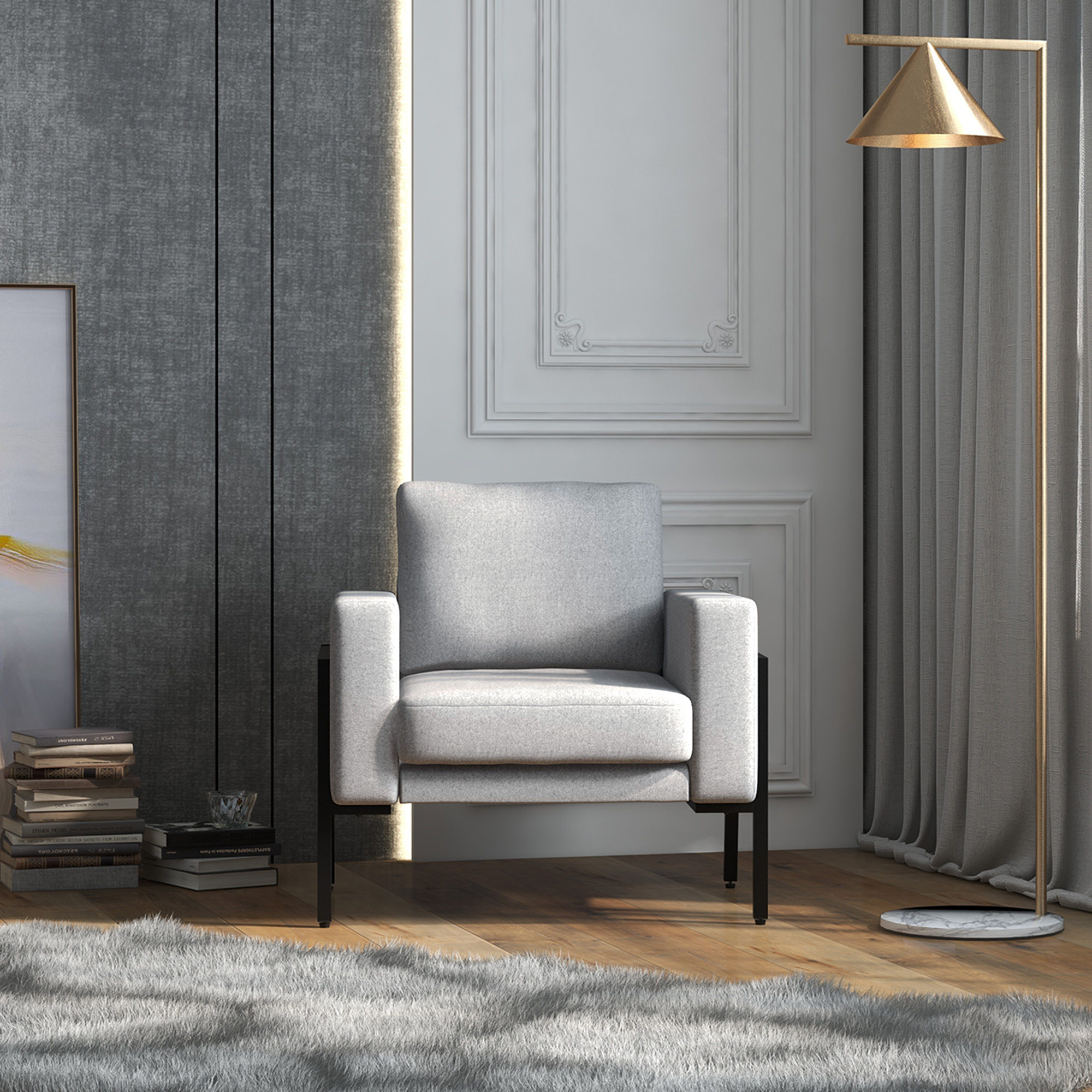  Scaune de Efect Moderne cu Scaun Captusit, Fotoliu Tapitat pentru Dormitor cu Picioare din Otel, Gri Deschis [7]