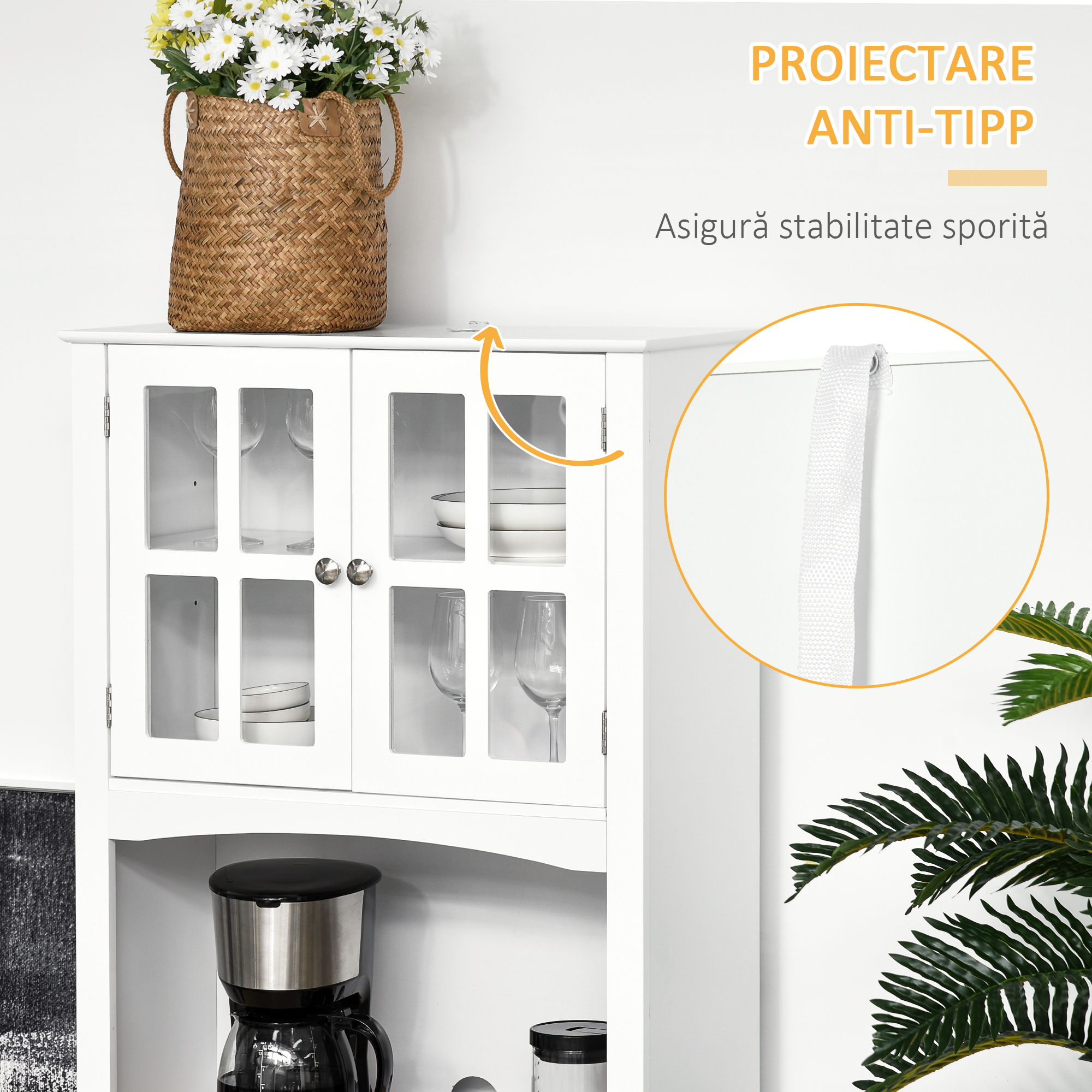  Bufet Bucatarie din Lemn Alb 68×39,5×170 cm, Dulap Spatios cu Rafturi Reglabile, 2 Sertare si Compartimente cu Usi [6]