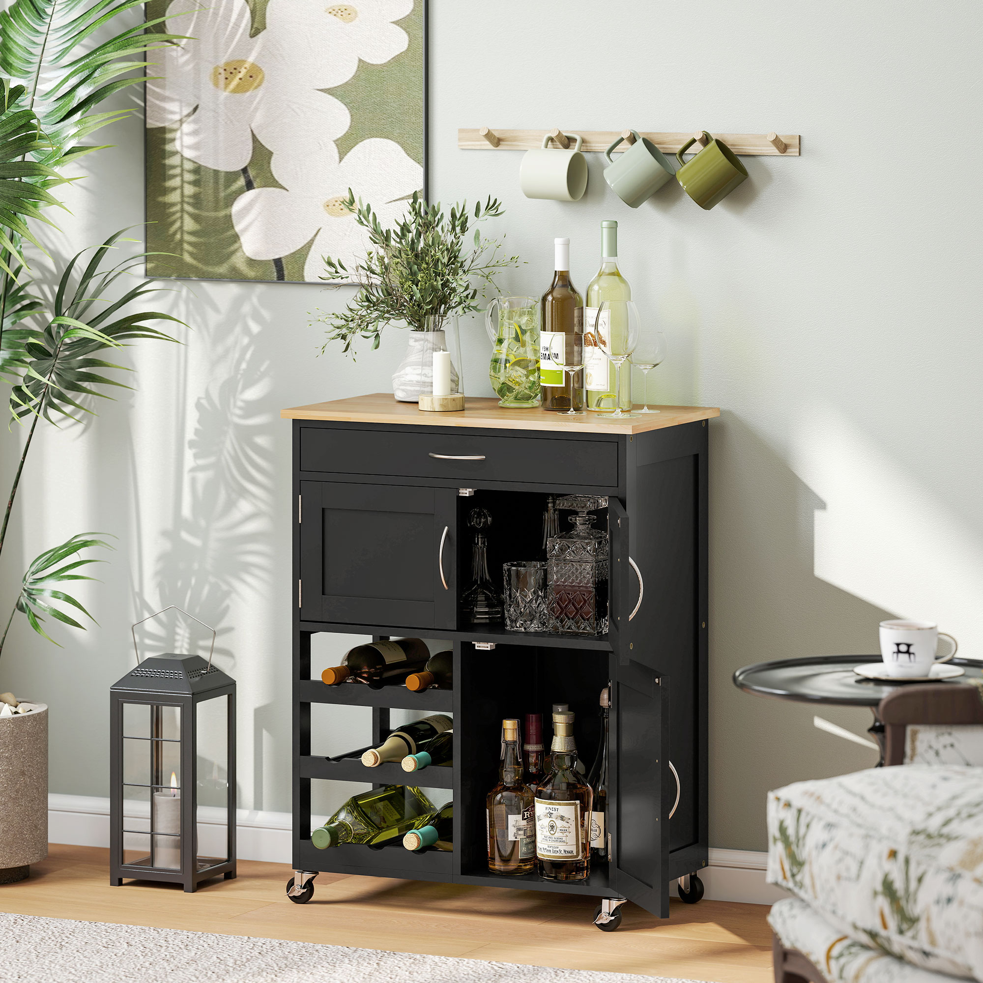  Carucior de Bucatarie din Lemn cu Suport pentru Sticle, 3 Usi si Sertar, 67x37x87 cm, Negru si Stejar [1]