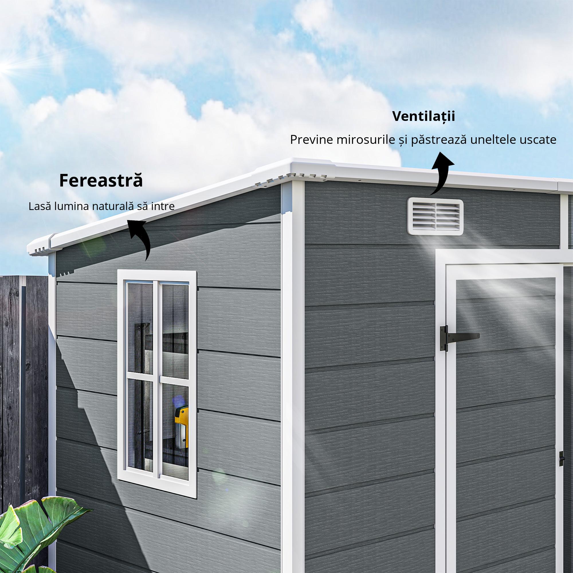  Casuta de Gradina din Rasina cu Podea, 2 Usi Blocabile, Fereastra, 2,4 x 1,3 m, Gri [5]