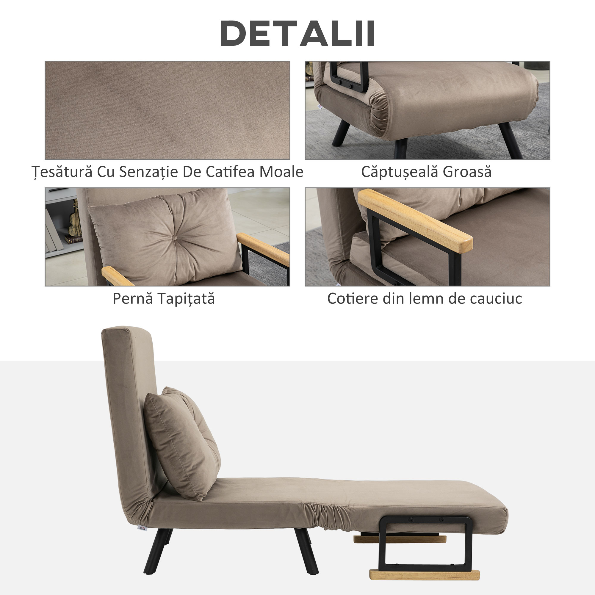  Fotoliu Pat 3 in 1 cu Spatar Reglabil pe 5 Niveluri si Perna, 63x73x81 cm, Gri [5]