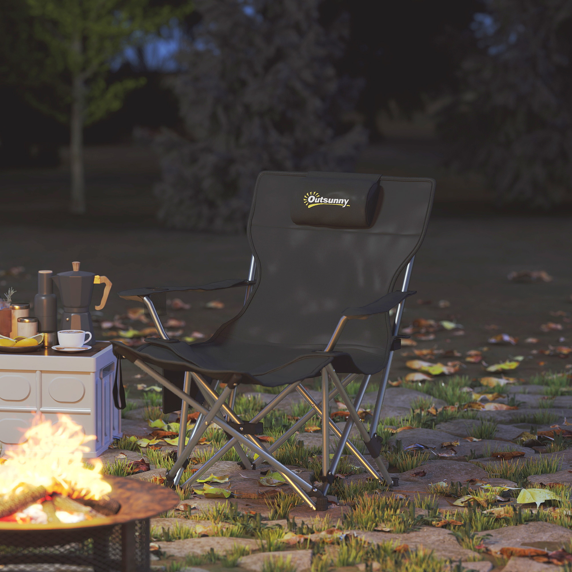 Scaun de Camping Pliabil si Reclinabil  cu Suport pentru Picioare Detasabil, Tetiera si Suport pentru Pahare, Negru [8]