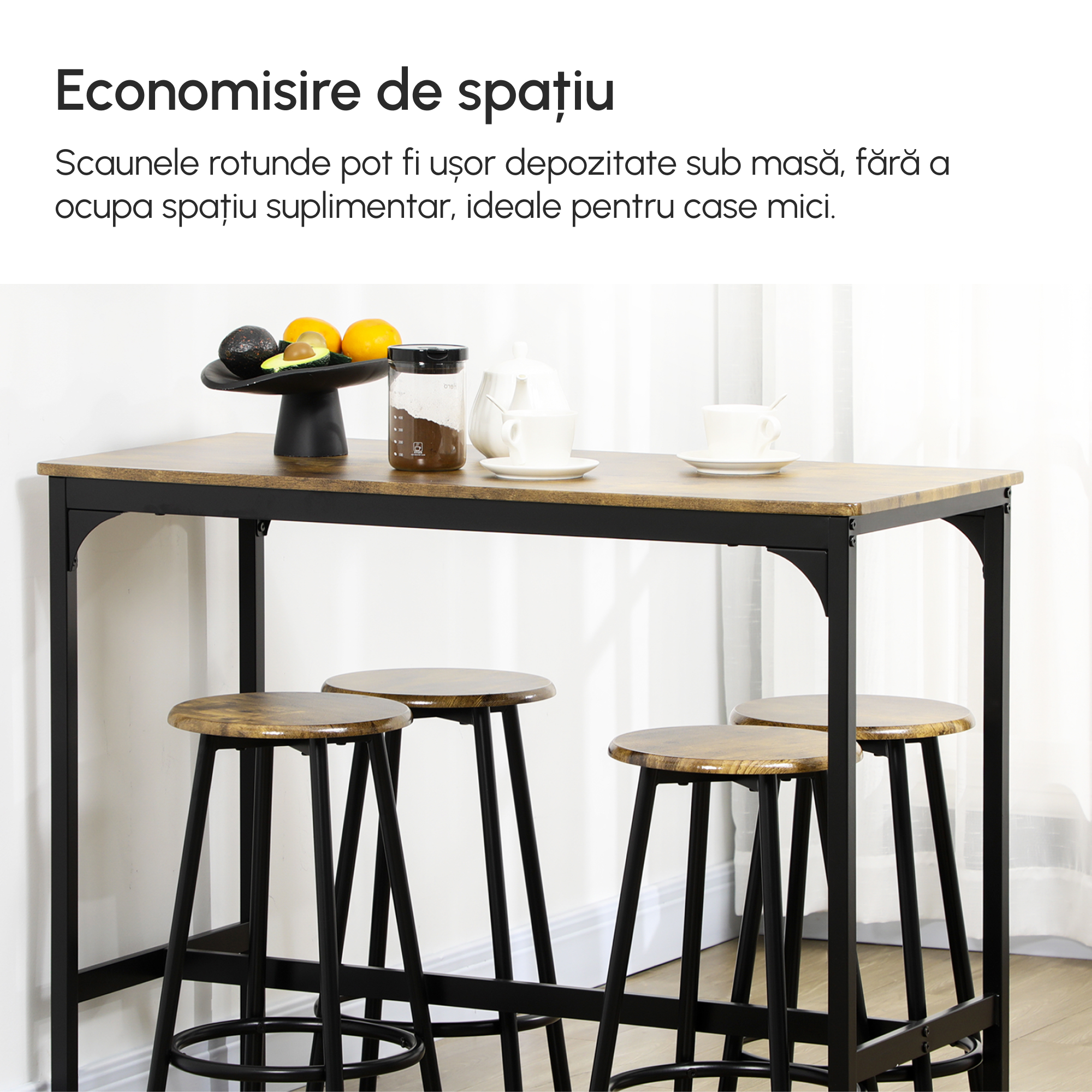  Set de masa si scaune de bar 5 piese, Masa industriala cu economie de spatiu si 4 scaune rotunde de bar cu cadru metalic pentru bar, sufragerie, Maro rustic [4]