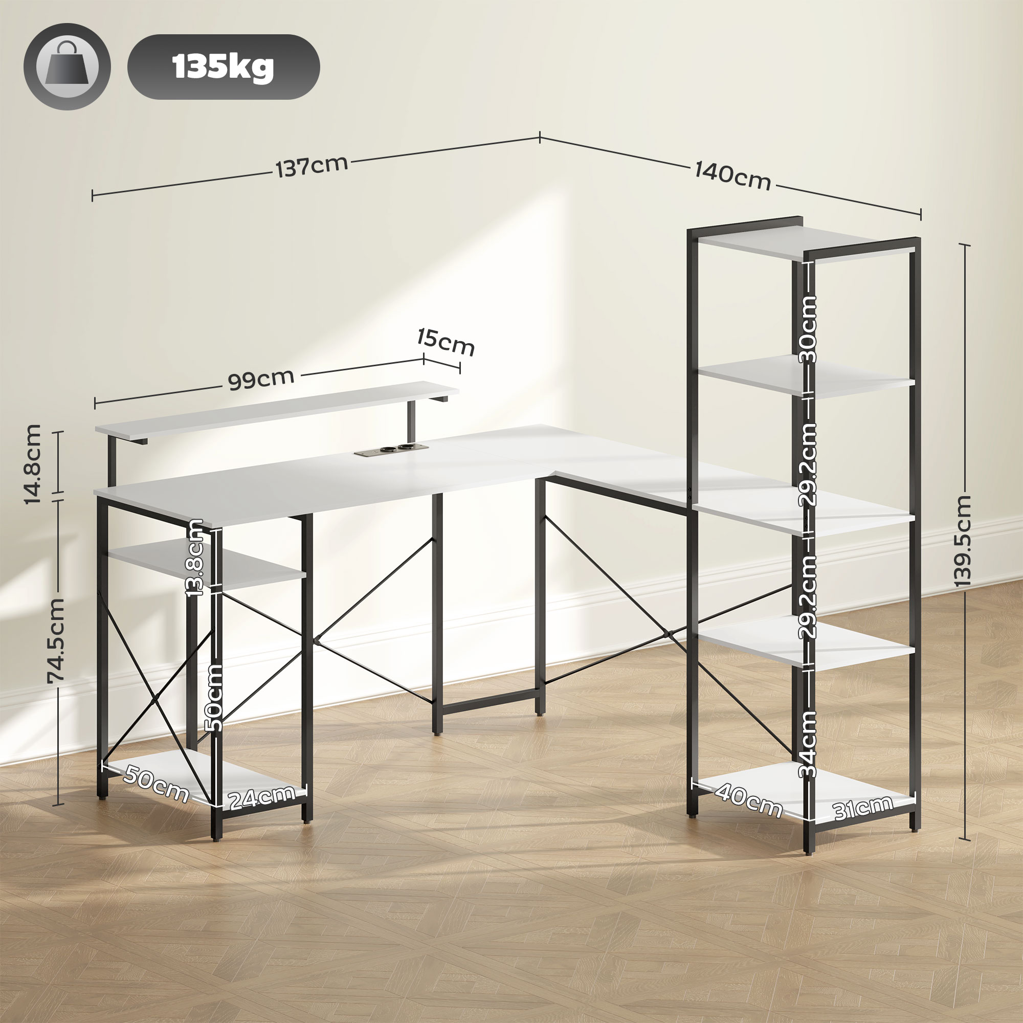  Birou de Colt pentru Computer in Forma de L cu Biblioteca, 137x140x139,5 cm, Negru [2]