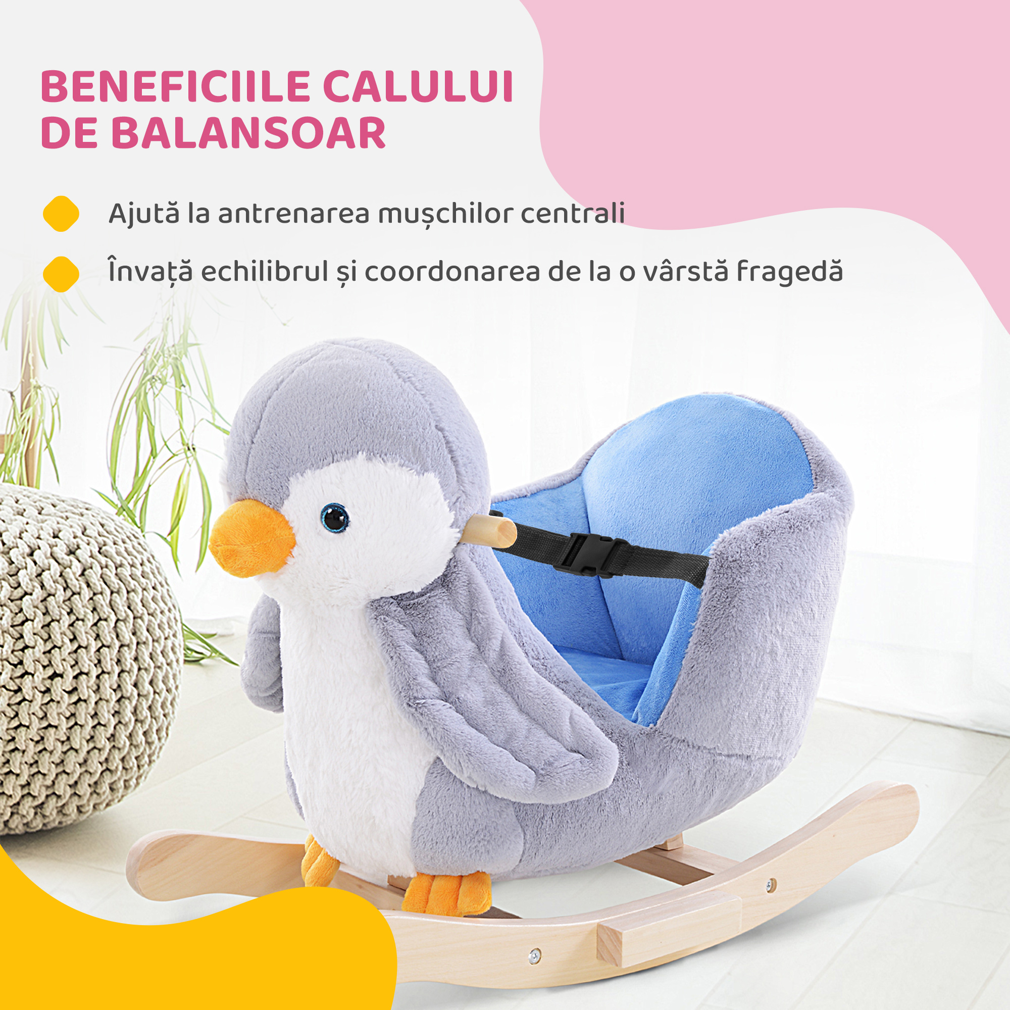  Balansoar Pinguin din Plus cu Melodii si Centura de Siguranta, Balansoar pentru Copii, 60x33x50 cm, Gri [5]