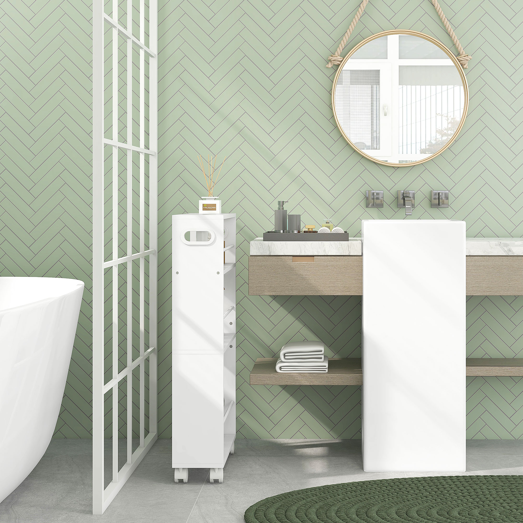  Troler Salvaspatiu pentru Bucatarie si Baie cu 3 Niveluri, Bare Laterale si Roti cu Frane, Alb [7]