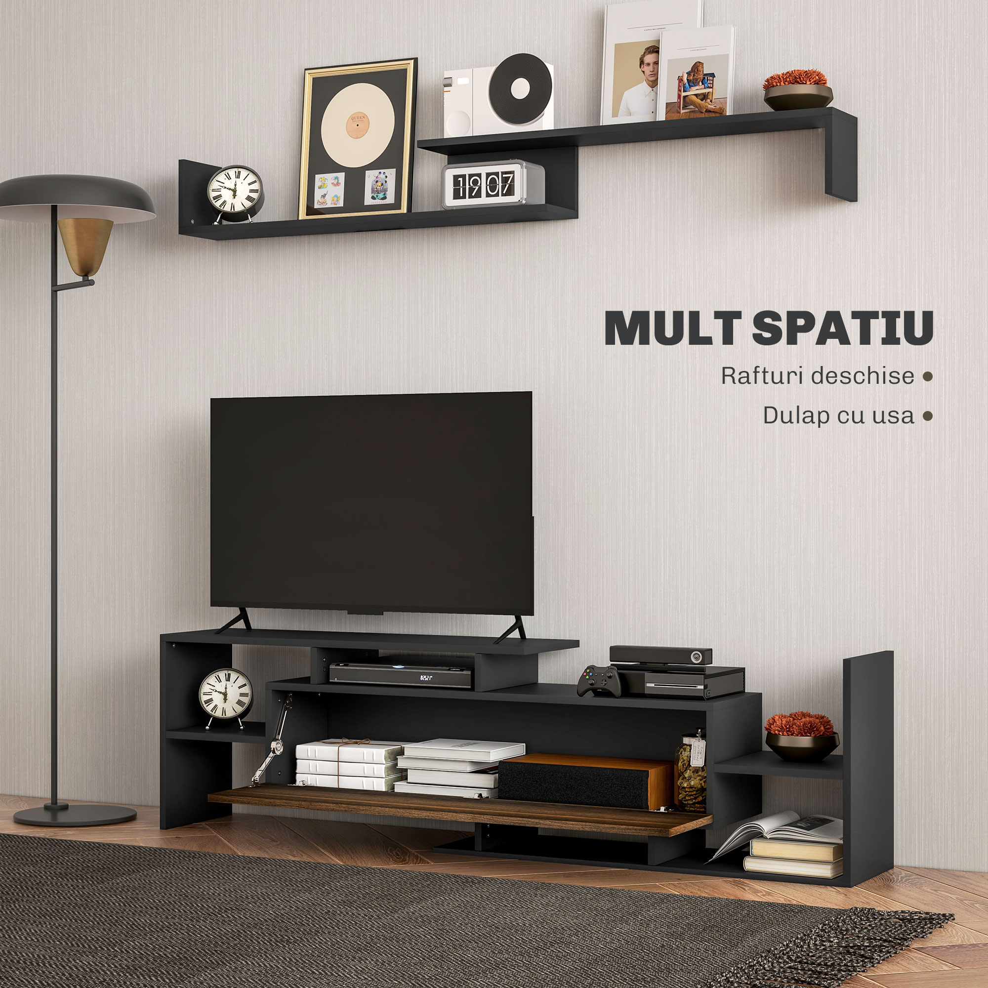  Mobilier TV cu Raft de Perete, Rafturi Deschise si Dulapior din Lemn, 153,6x25x42 cm, Negru [4]