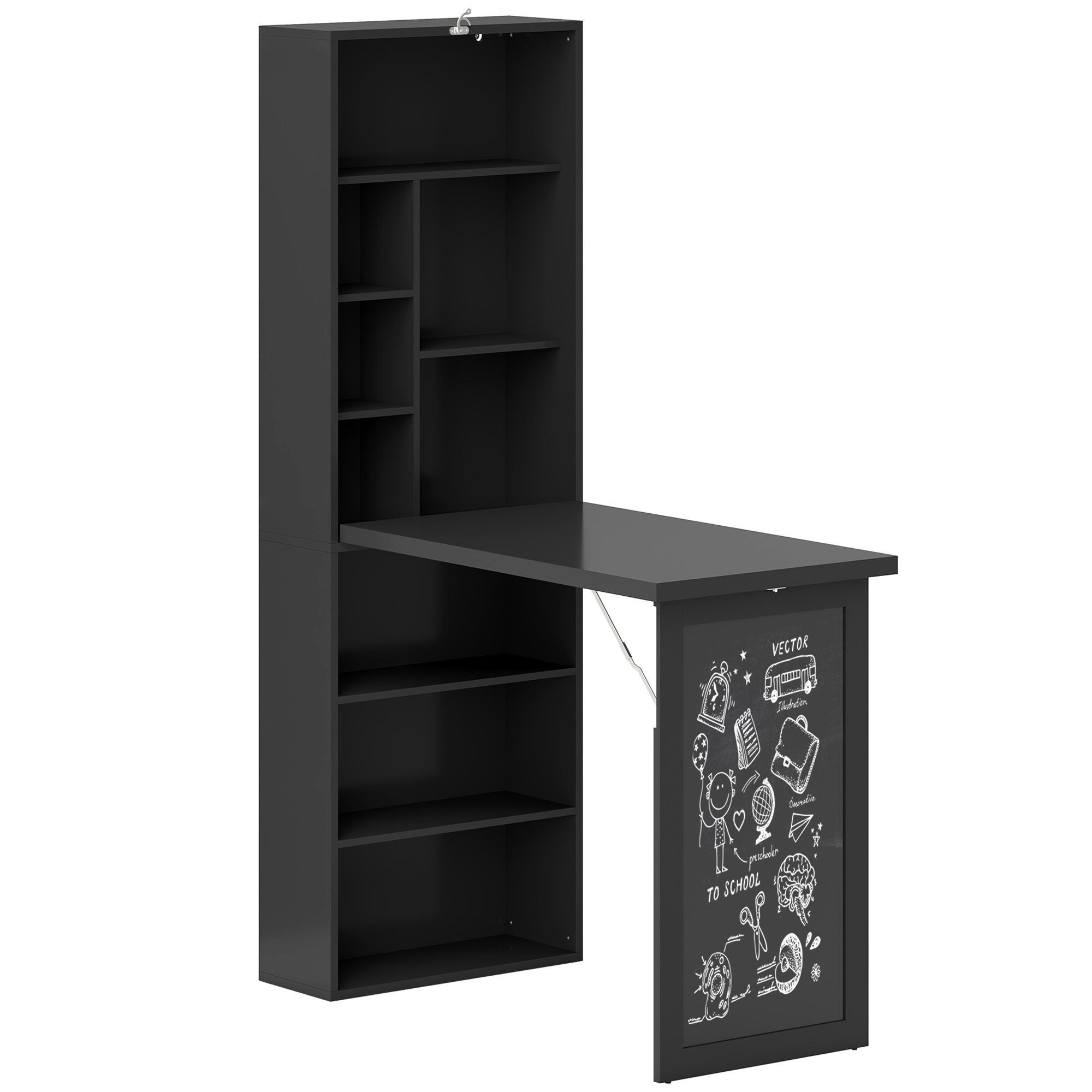 Dormitor & birou -  Birou Modern Pliabil cu Biblioteca si Tabla, din Lemn si Metal, 98x51x153 cm, Negru