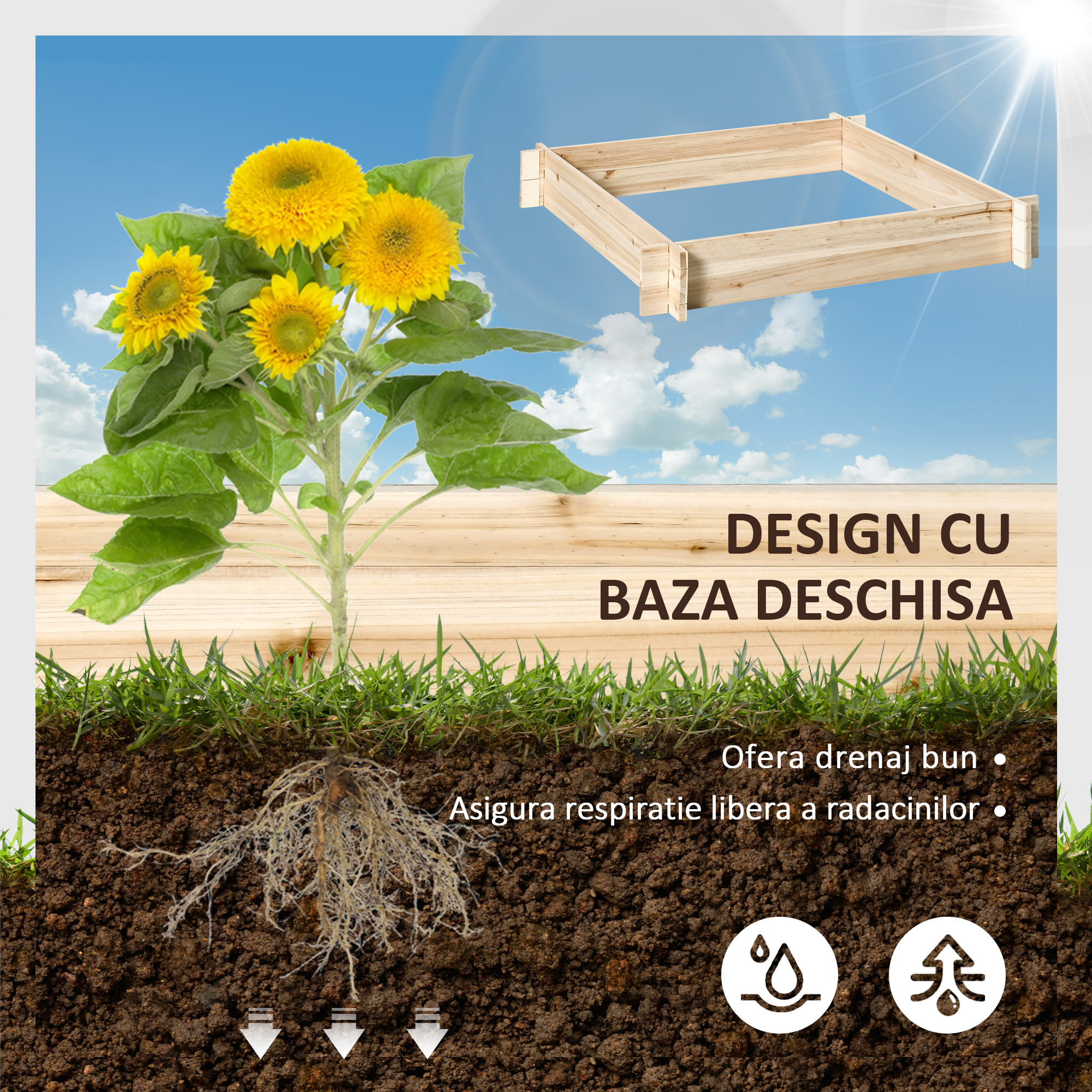  Pat pentru Gradina de Zarzavat din Lemn de Brad, Asamblare fara Suruburi, 100x100x16cm [3]