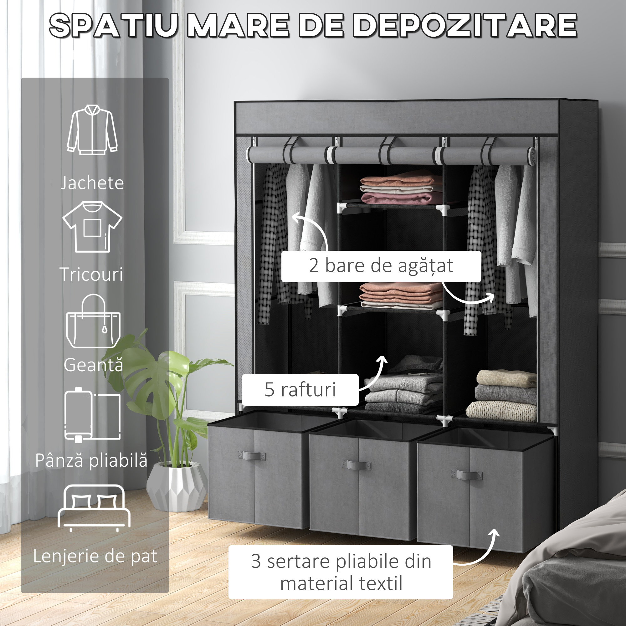  sifonier Pliabil Textil - Cu Rafturi & Sertare, Ideal pentru Spatii Mici [3]