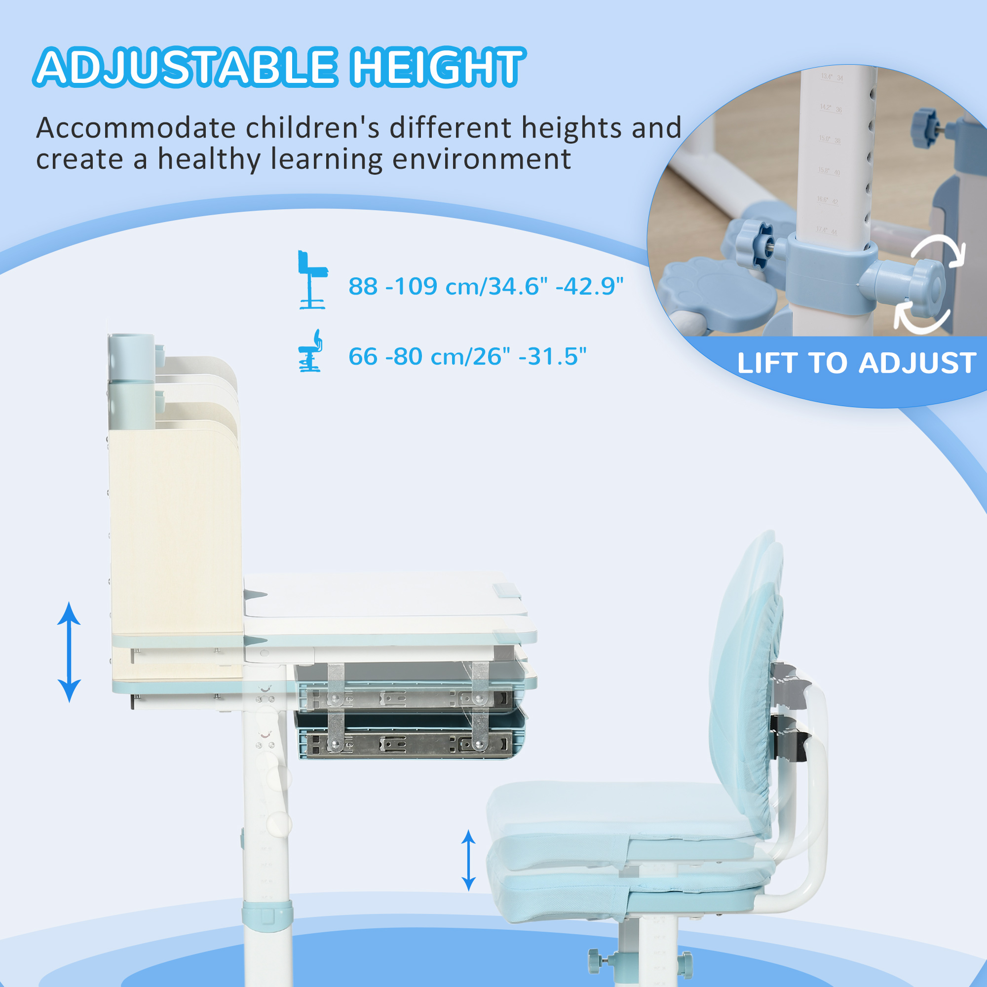 Set de birou si scaun cu inaltime reglabila Birou de scriere pentru copii masa de studiu pentru scoala cu raft, sertar, suport pentru stilouri, albastru [3]