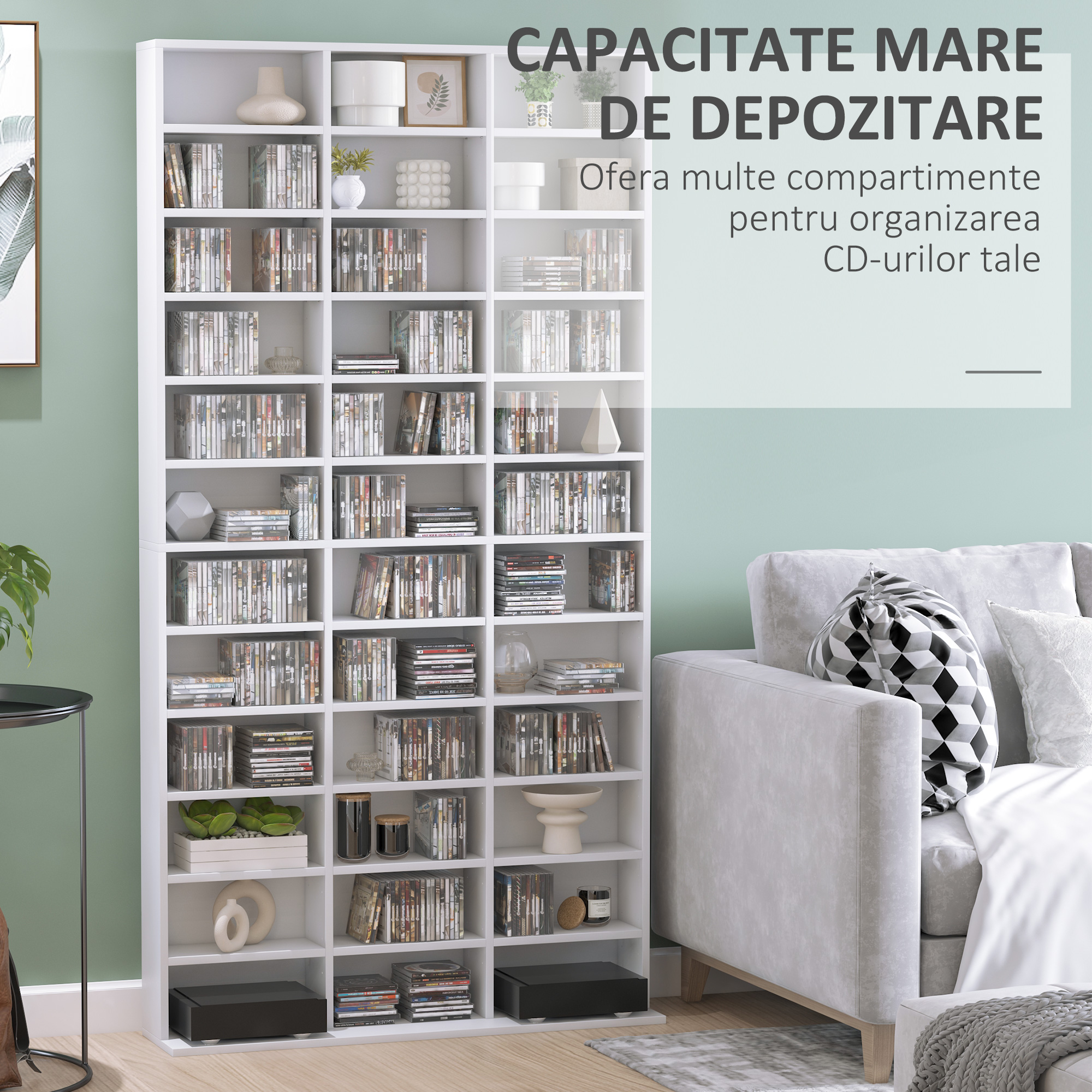  Biblioteca CD de perete cu 24 de rafturi reglabile, 195 x 102 x 23.5cm, alb [3]