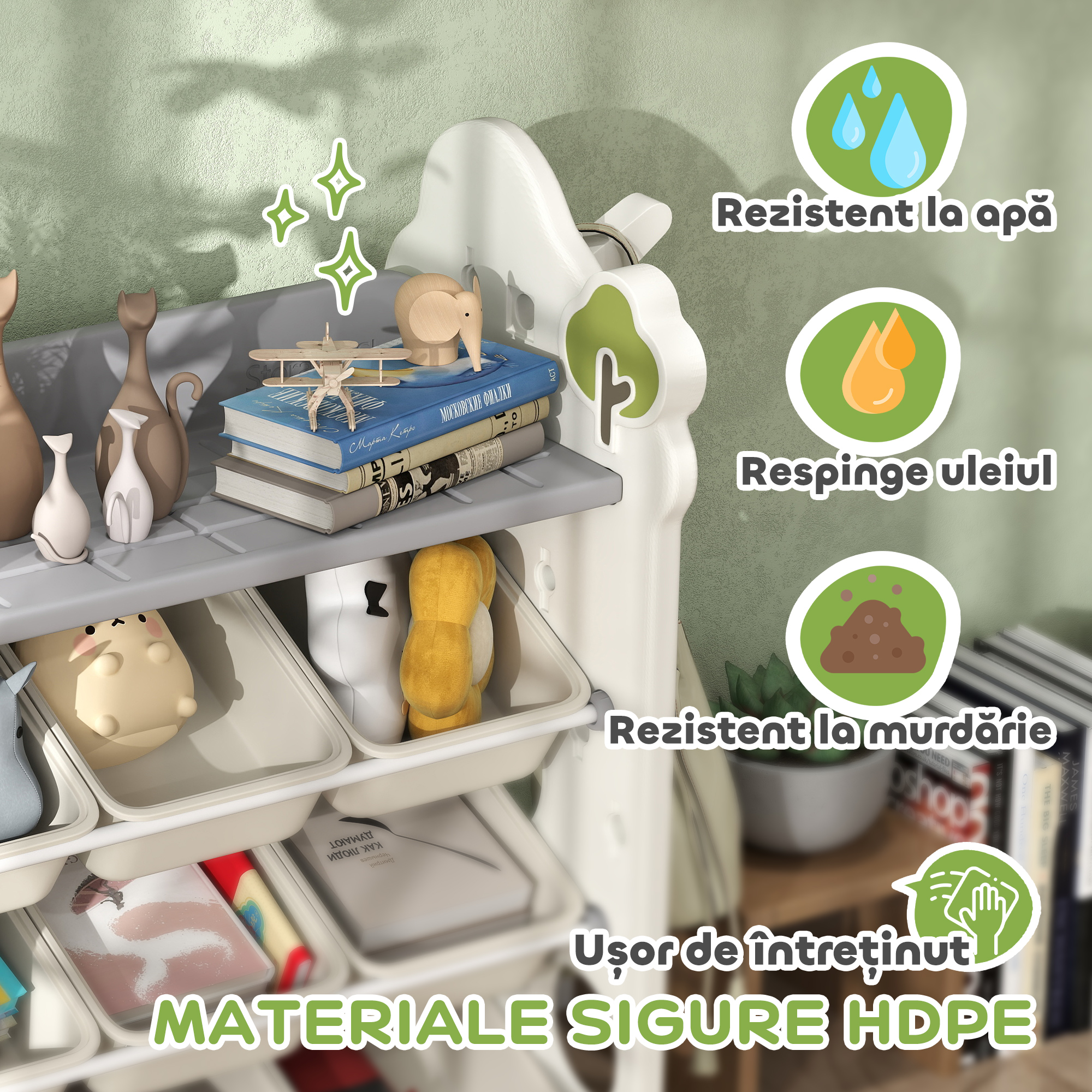  Etajera pentru Copii, Organizator de Depozitare Jucarii cu 4 Niveluri si 9 Cosuri, 77x42x94 cm, Crem Alb [5]