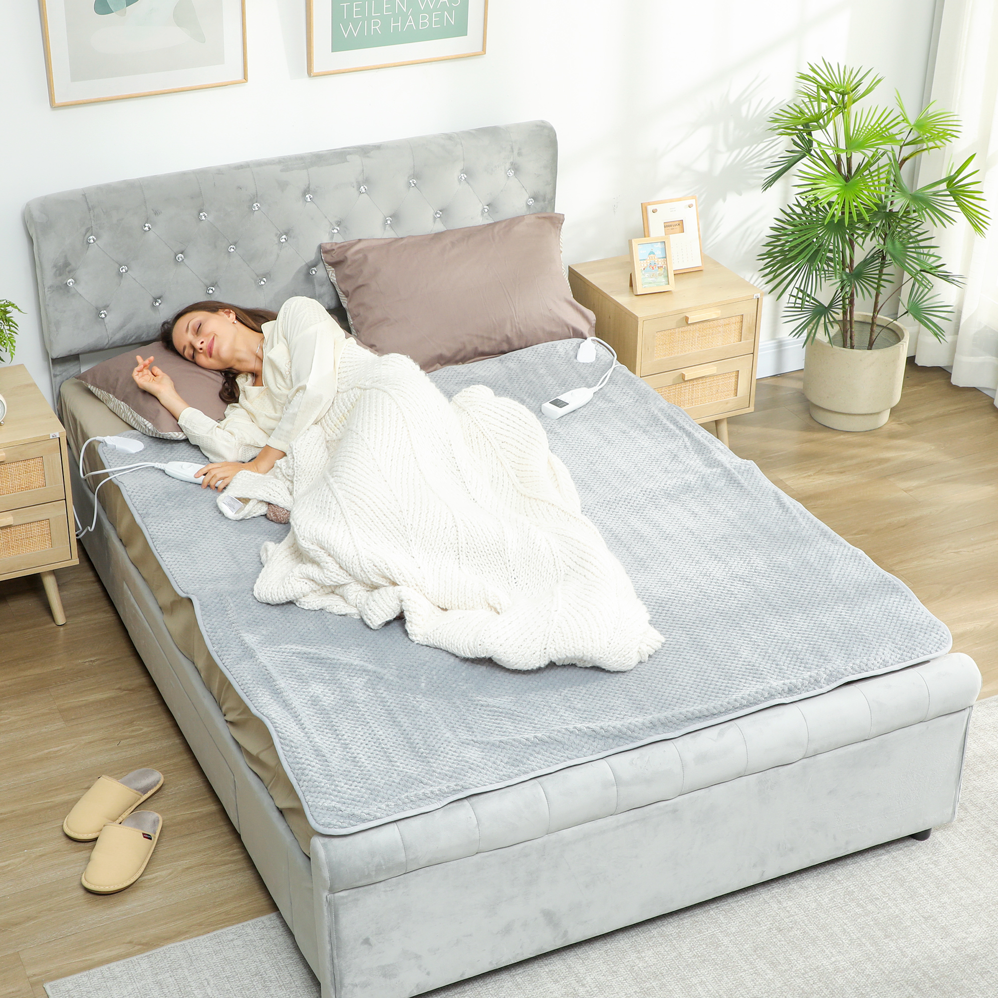  Patura Electrica 160x140 cm cu 5 Nivele de Caldura si 2 Telecomenzi, din Pile si Poliester, Gri [1]