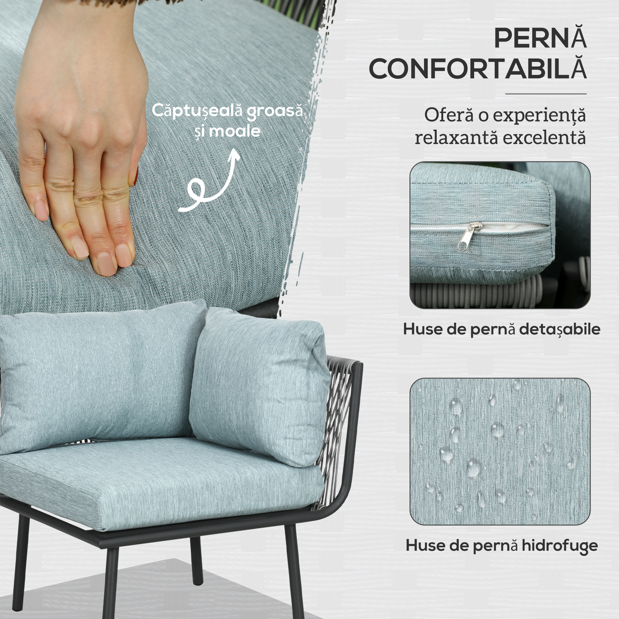  Set de Gradina 4 Piese din Ratan si Aluminiu cu Masuta de Cafea, 2 Canapele pe Colt si Fotoliu, Albastru [4]