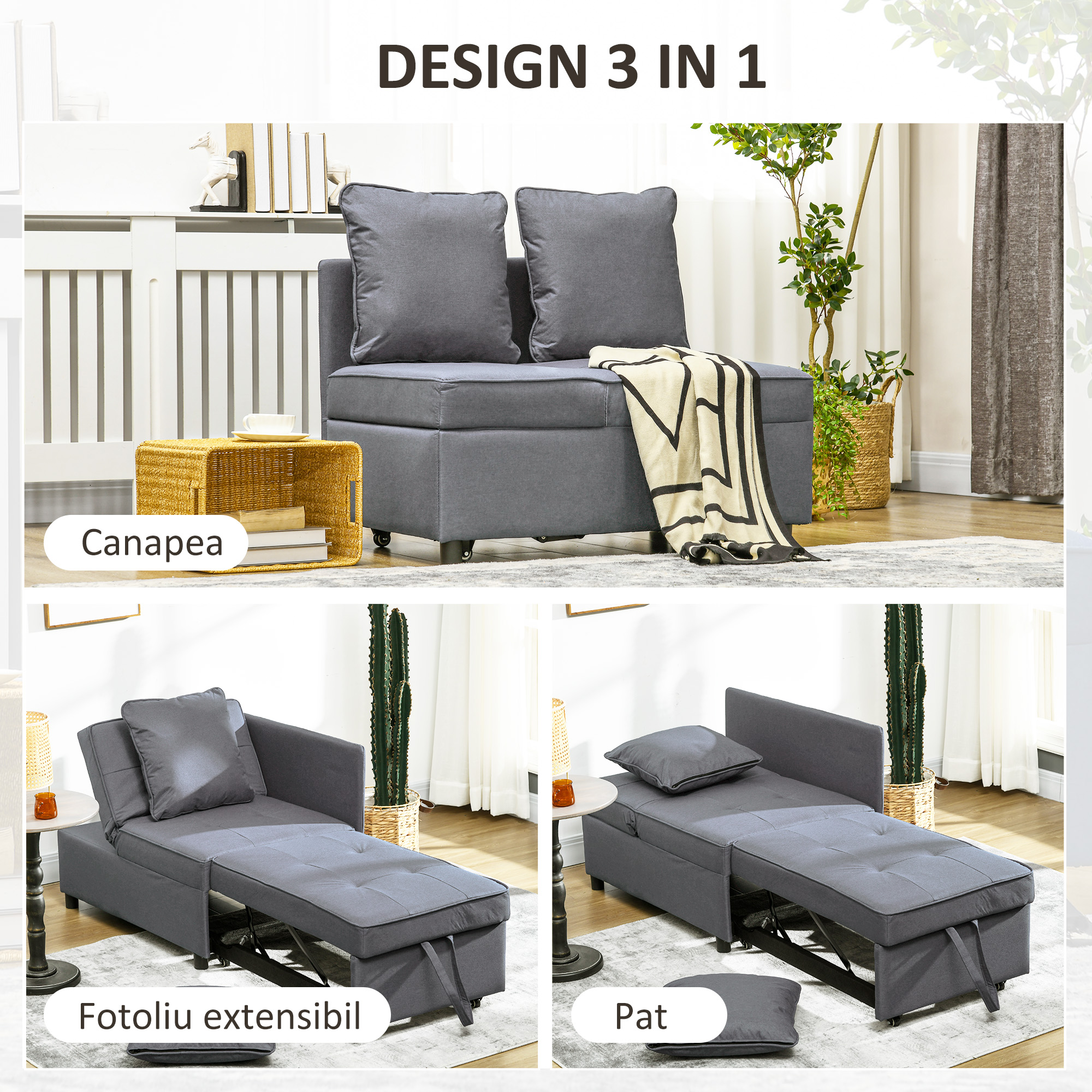  Fotoliu Pat 3 in 1 cu Spatar Reglabil, din Material Textil cu Efect de In si Lemn, 98x71x67 cm, Gri inchis [5]