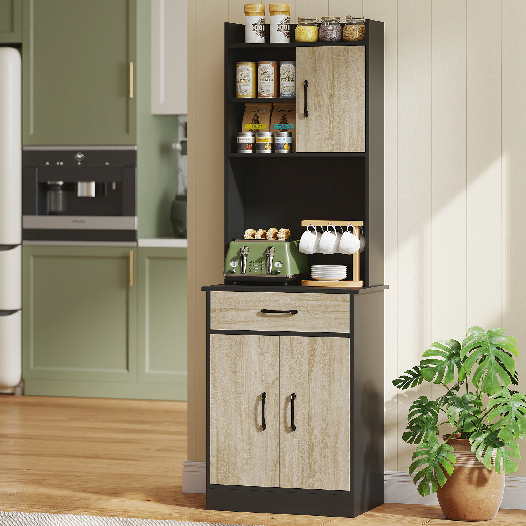  Dulap de Bucatarie cu Sertar, Rafturi Deschise si Dulapuri Negru si Lemn [1]