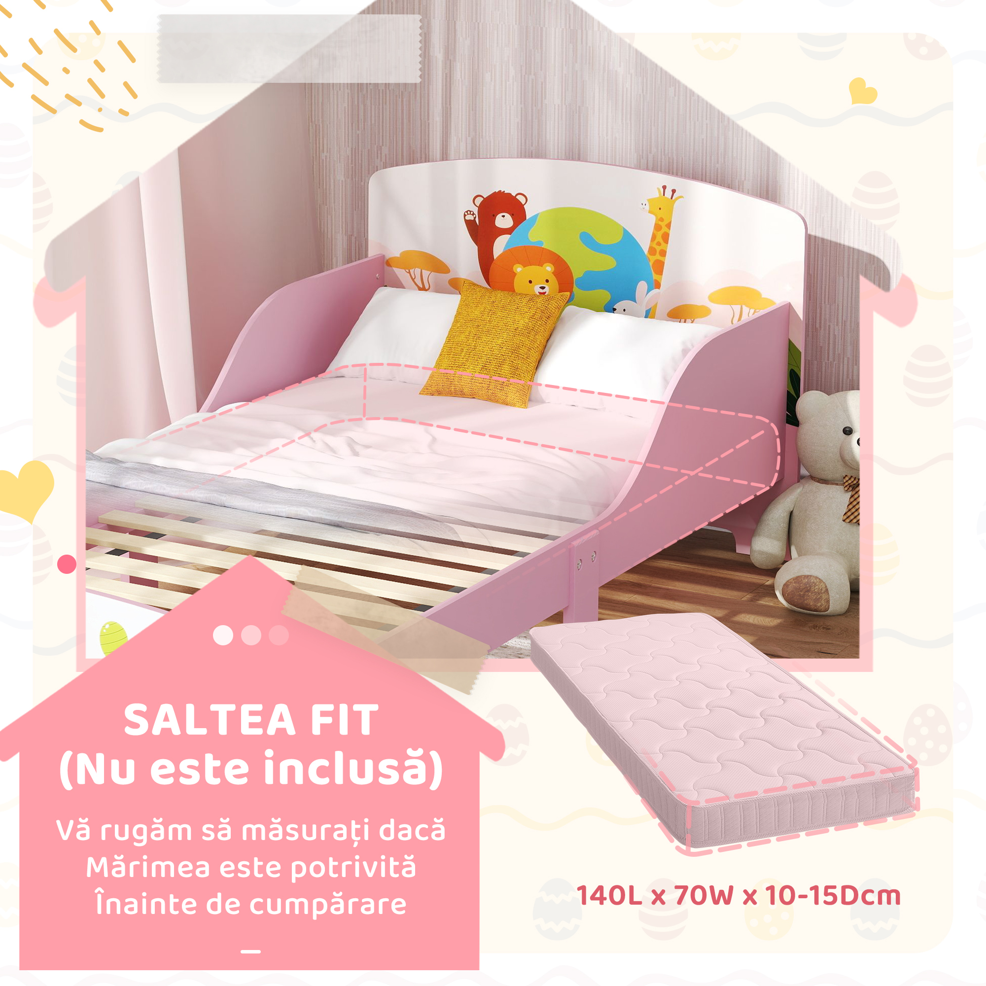  Pat pentru copii de la 3+ ani din lemn, cu margini ridicate si balustrade de siguranta, 143x77x60 cm, roz [6]