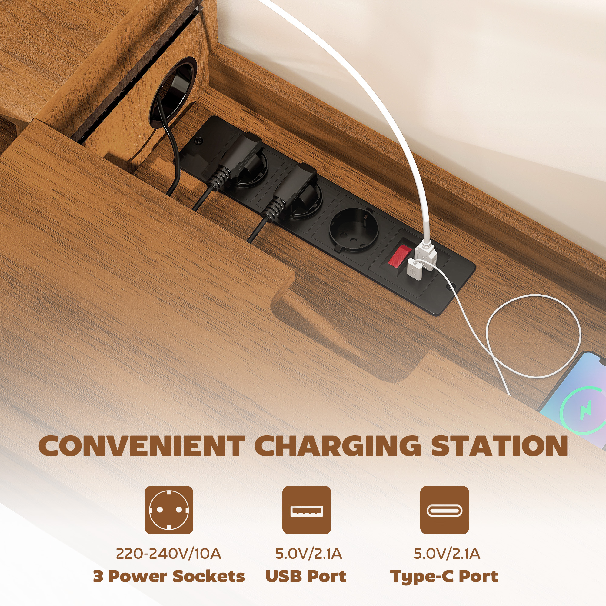  Suport TV suspendat pana la 50" cu prize de curent, USB si tip C, sertar si rafturi, 120x24x22.4 cm, Nuc [3]