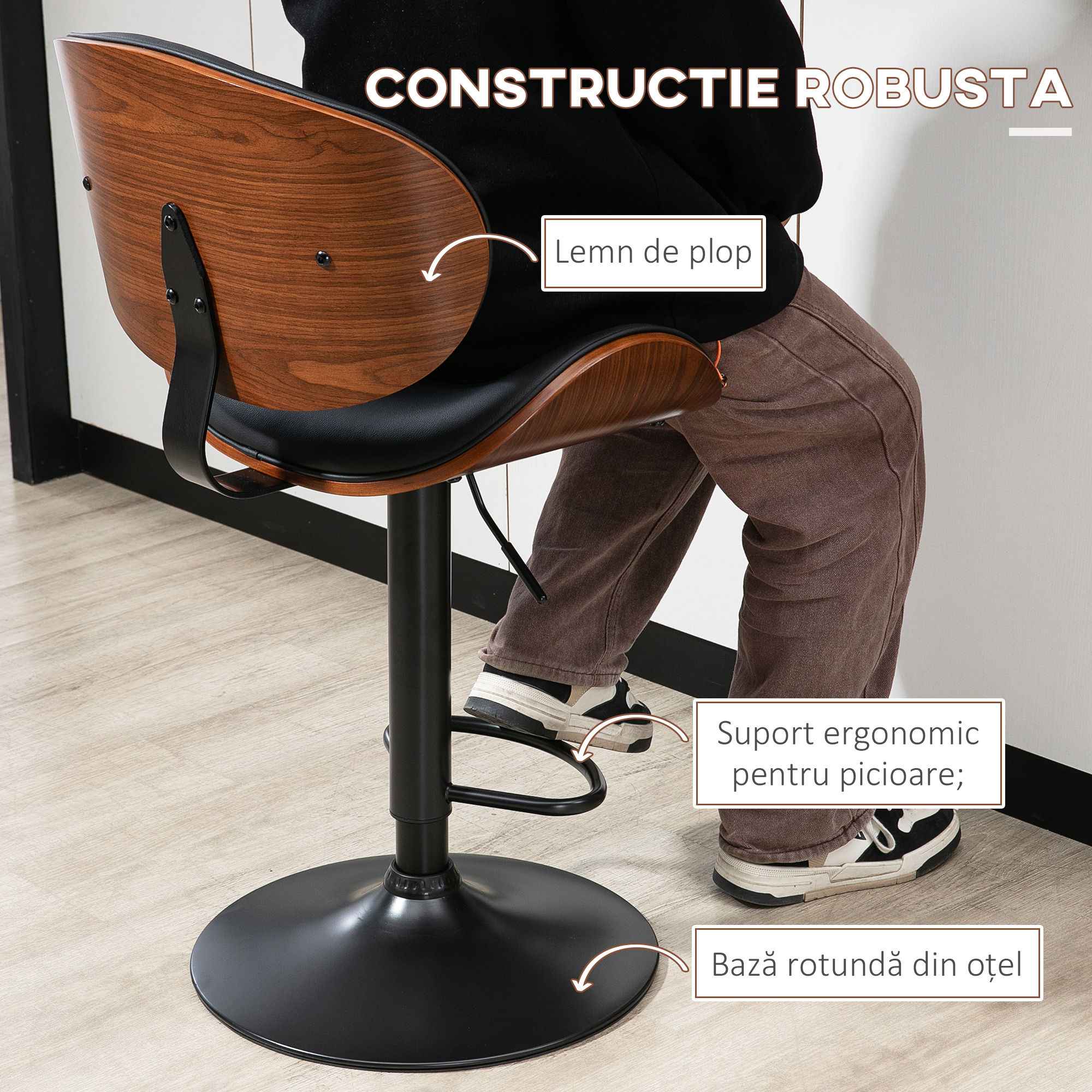  Set 2 Scaune de Bar cu Spatar Reglabile pe inaltime, Lemn si Piele Ecologica, 53x52x92-112 cm, Negru [6]