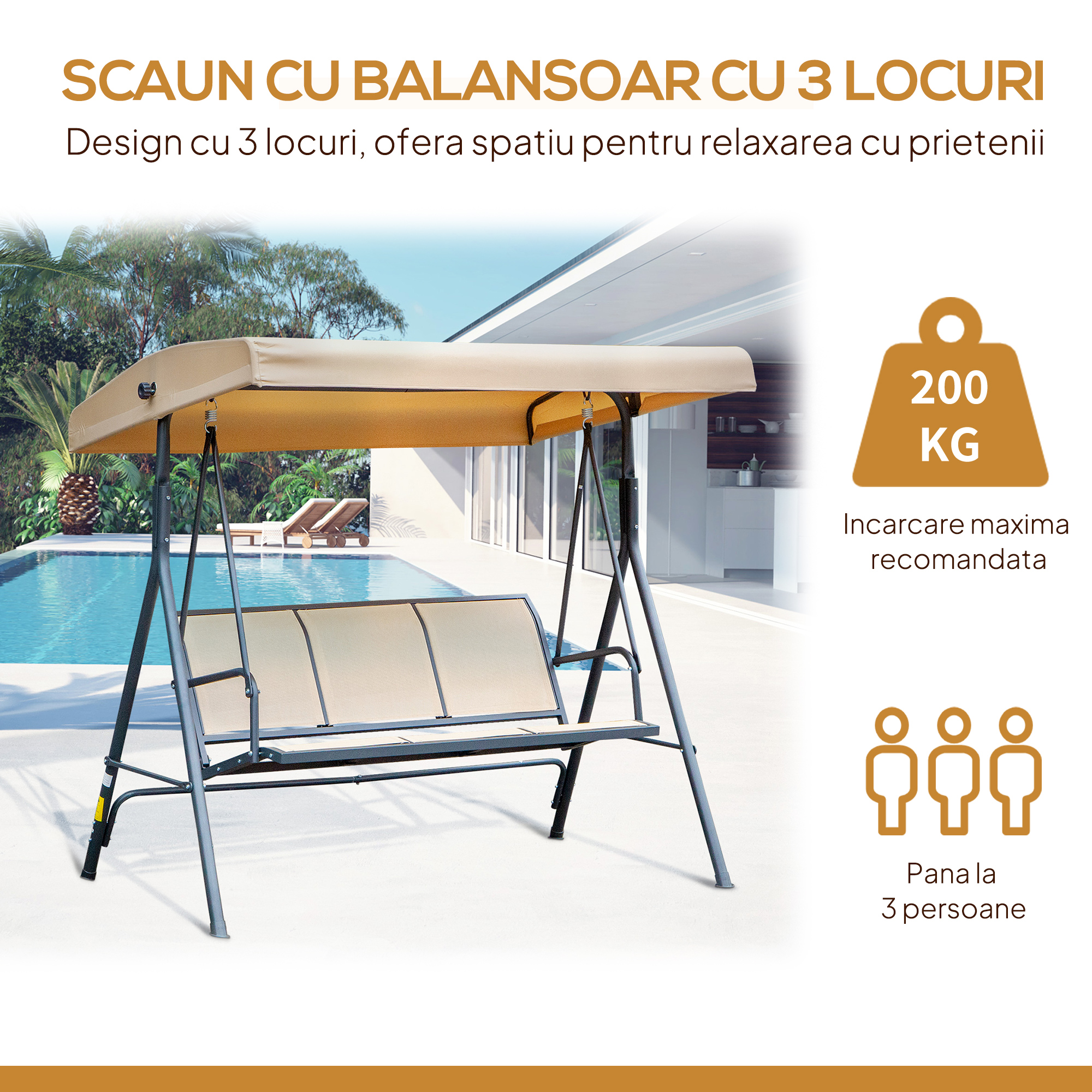  Leagan de gradina cu 3 locuri, copertina, sezut respirabil si cadru din otel, bej [5]