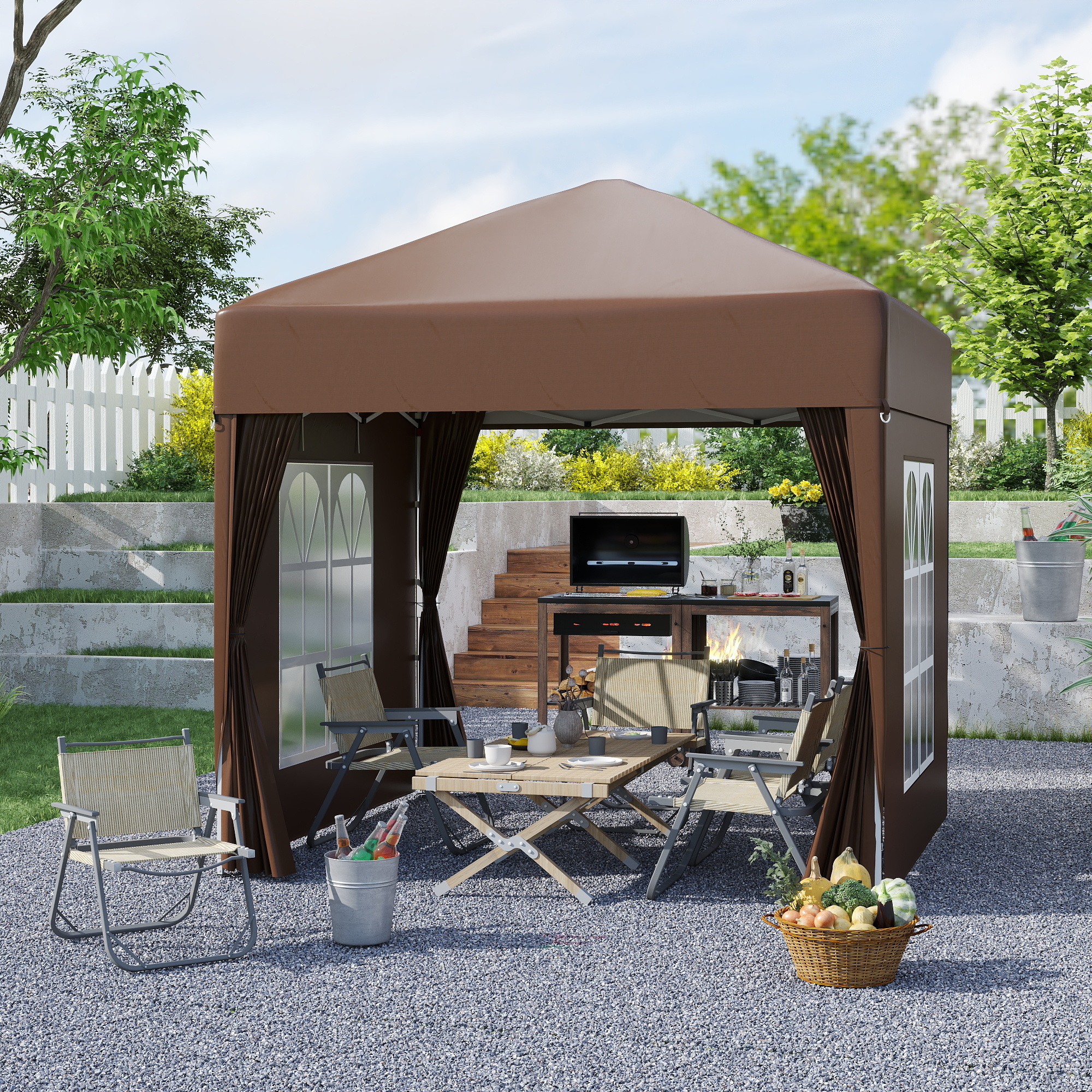  Pavilion Pop-up Impermeabil cu 4 Pereti Detasabili si Geanta de Transport, 2x2x2.4 m, Maro [1]
