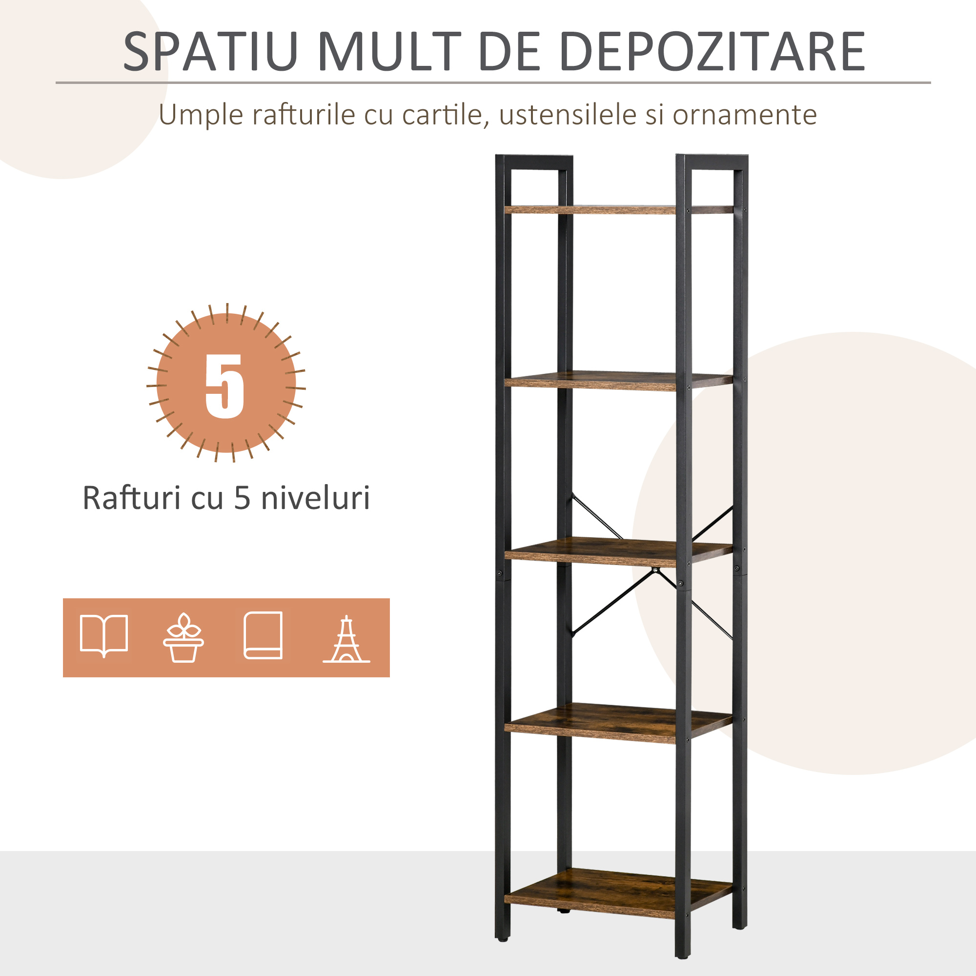  Biblioteca stil industrial cu 5 rafturi din lemn si otel, 40x30x154cm - Maro rustic [3]