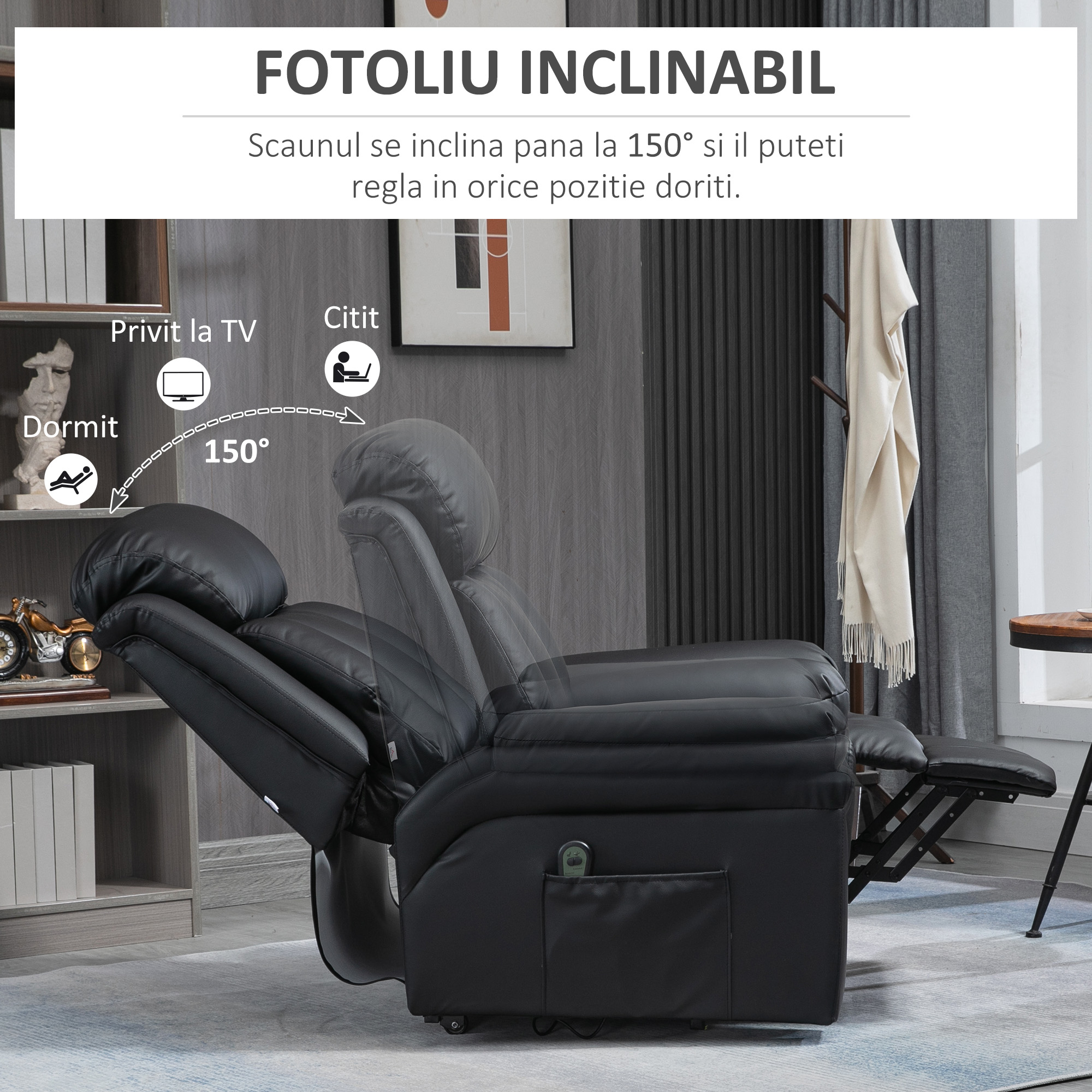  Fotoliu Recliner Electric cu Functie de Ridicare, Tapiterie Groasa si Telecomanda, 96x93x105 cm, Negru [4]