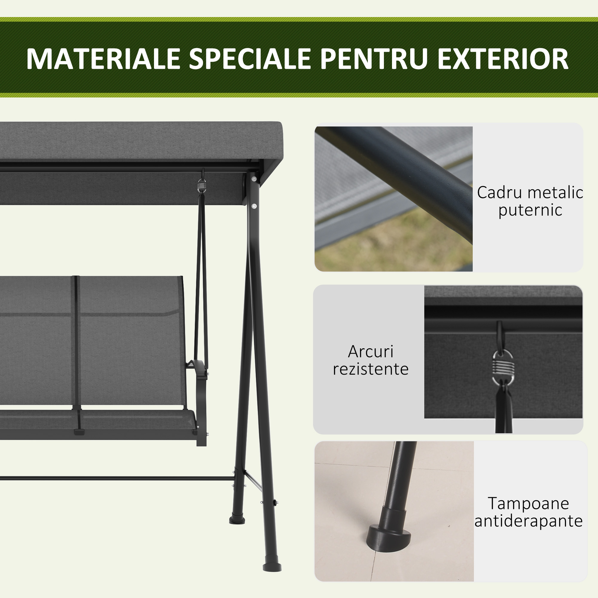  Balansoar de Gradina cu 3 Locuri, Copertina Reglabila si Picioare Anti-alunecare, 195x118x170 cm, Gri inchis [6]