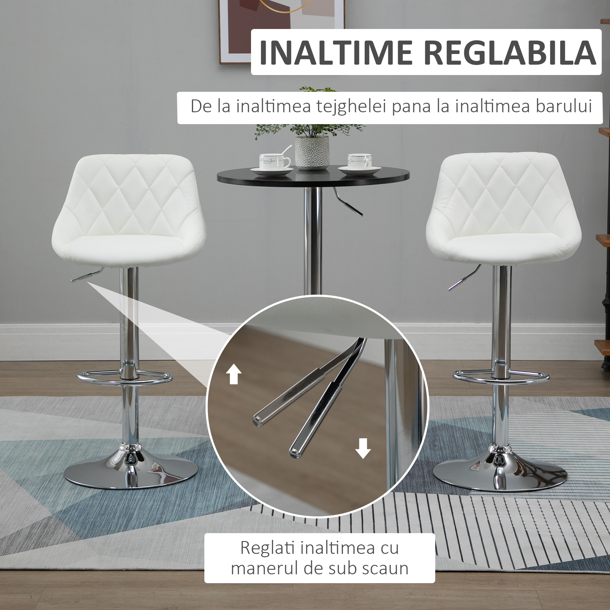  Set 2 Scaune de Bar Pivotante si Reglabile pentru bucatarii si baruri, din Piele Ecologica, cu Cusaturi Diamant, 51.5x48x83-104cm, Alba [3]