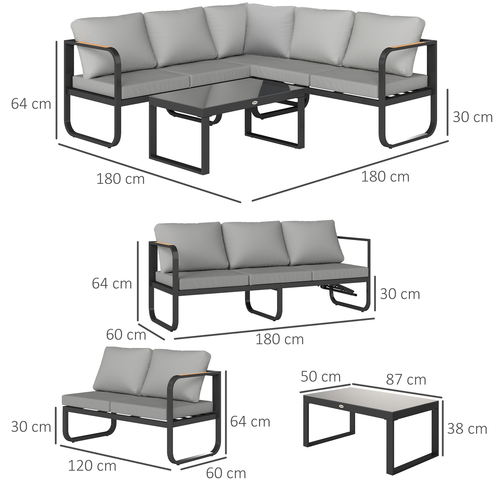  Set Mobilier de Gradina cu Canapea cu 3 Locuri, Canapea cu 2 Locuri si Masuta de Cafea, 180x60x64 cm, Gri [2]