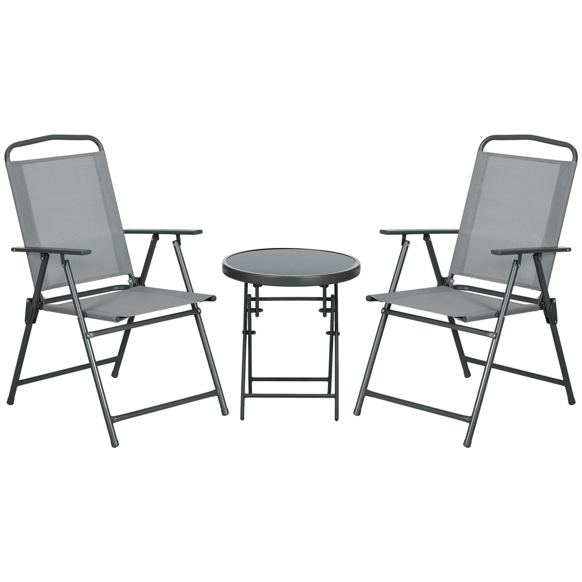 Gradina & balcon -  Set de Exterior din 3 Piese cu Masa cu Blat din Sticla si 2 Scaune Pliabile din Plasa, Ф45x50 cm, Gri Deschis