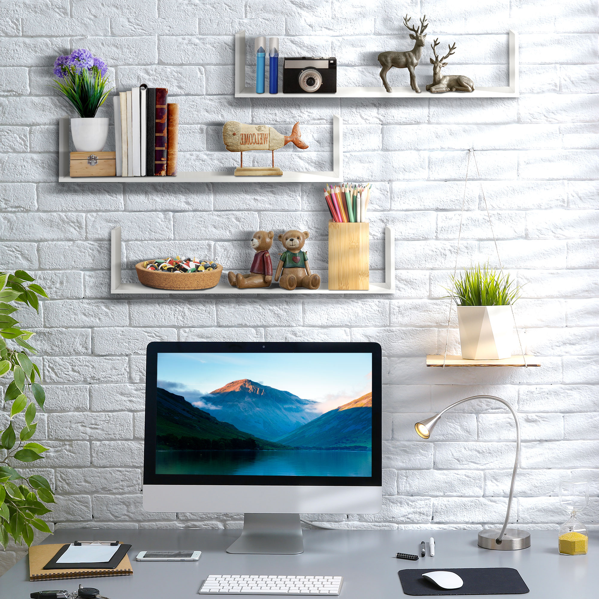  Set de 3 rafturi de perete pentru depozitare din lemn, 80x18x18 cm, alb [7]