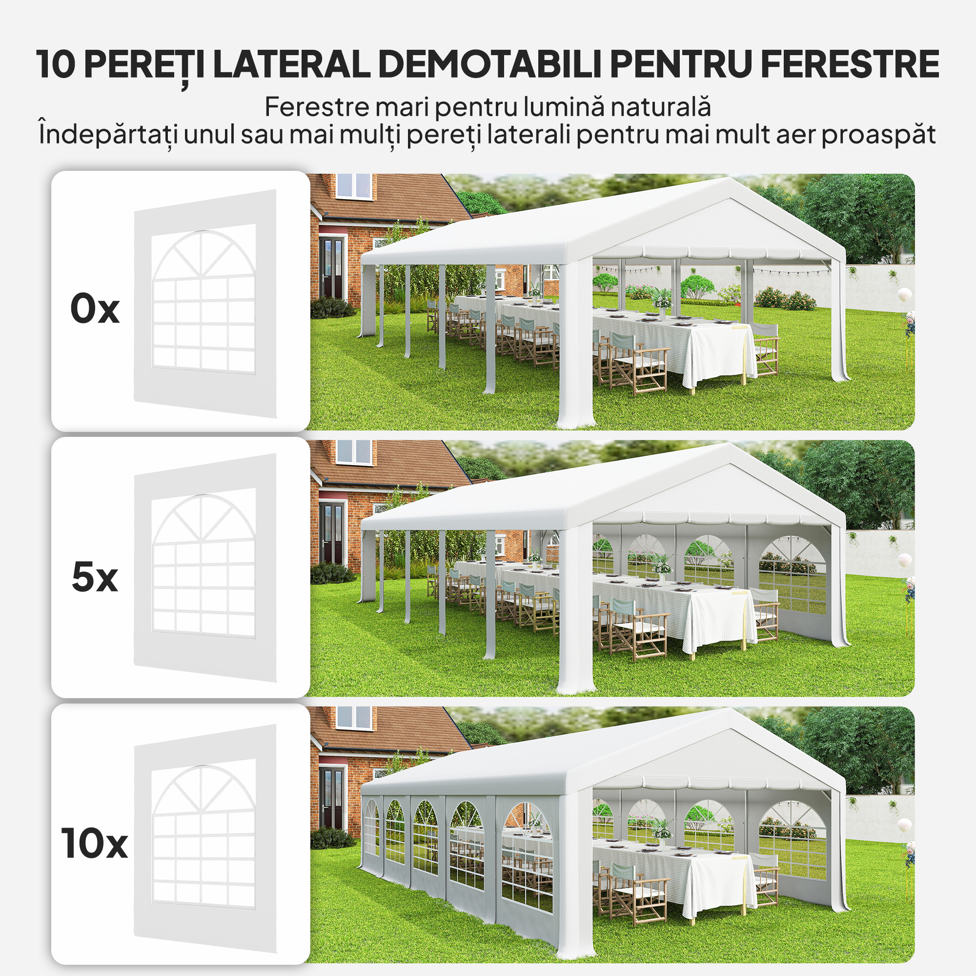  Pavilion pentru Petreceri 10x5 m cu 10 Pereti Laterali Detasabili, Pavilion de Gradina cu 5 Sectiuni, Usi cu Fermoar si Ferestre, Pavilion pentru Nunti, Evenimente, intalniri, UV30+, Alb [4]