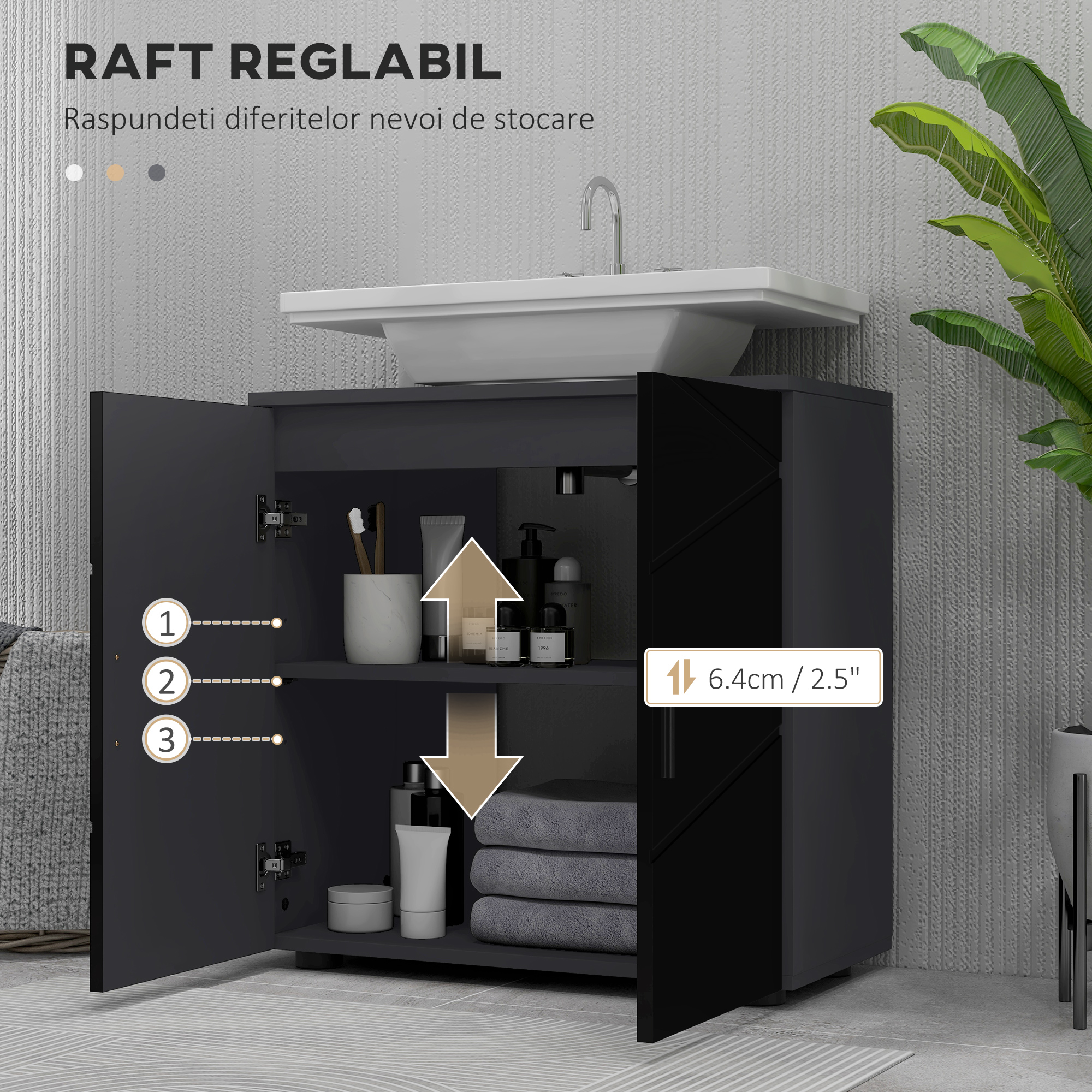  Dulap Baie 60×30×60 cm cu doua usi si polita reglabila - Negru [4]